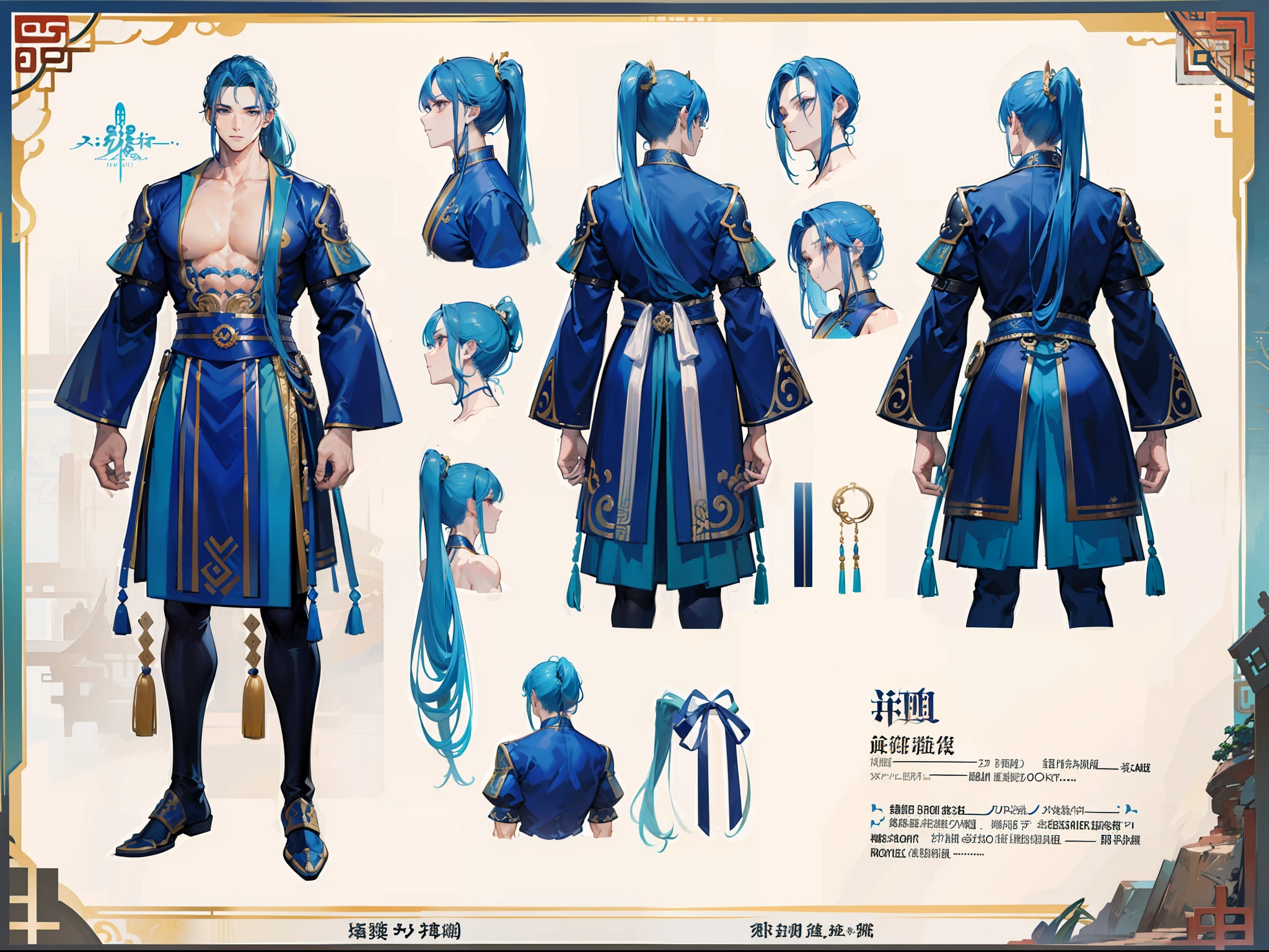 ((Masterpiece, Highest quality)), Detailed face, character design sheet, full bodyesbian, Full of details, frontal body view, back body view, Highly detailed, Depth, Many parts, Muscle boy with ponytail long blue hair,handsome man, muscle body, Traditional chinese clothes, man tall