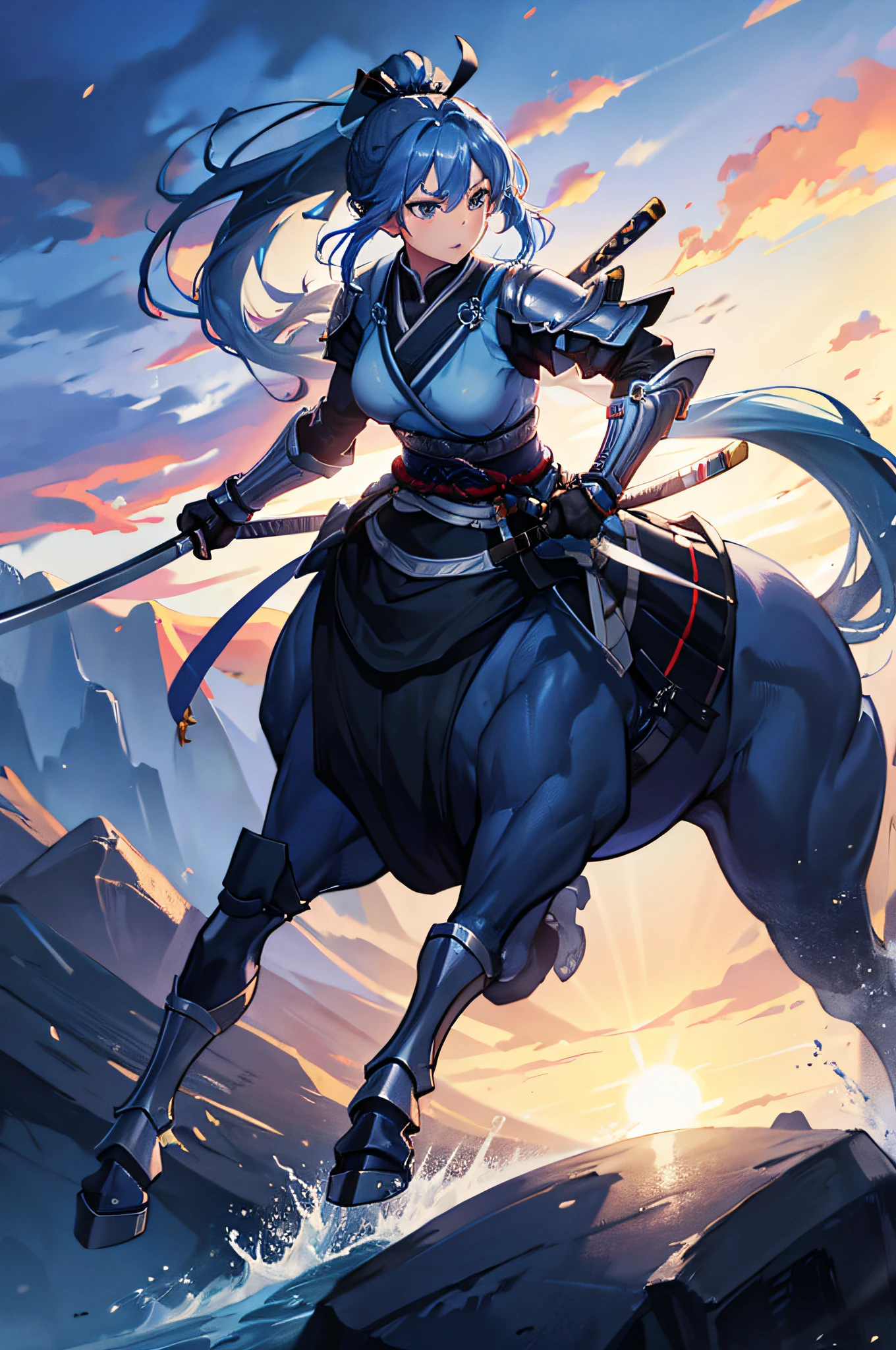 4k,hight resolution,One Woman,centaur,Blue hair,Long ponytail,samurais,Blue samurai armor