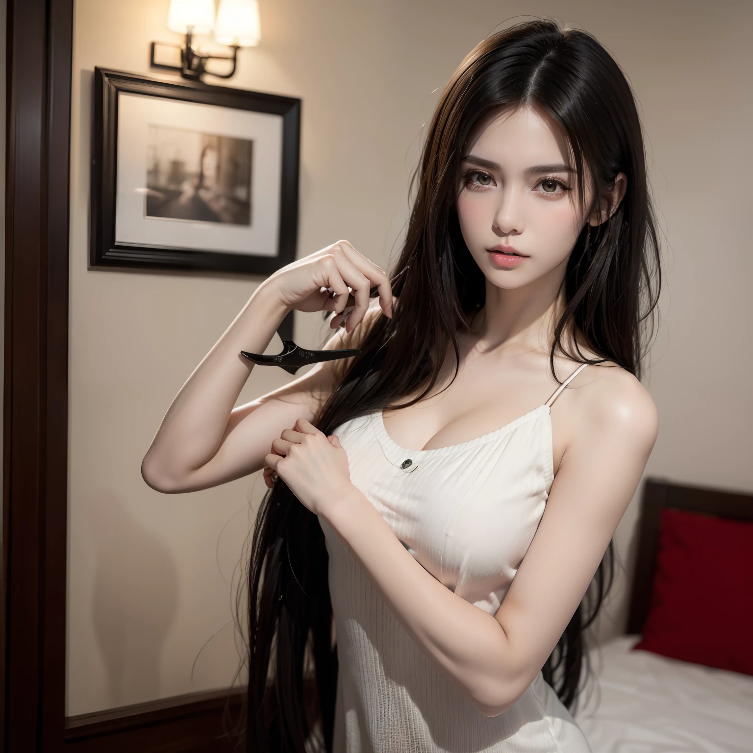 （Top image quality,top-quality,Top resolution,hyper realistic photography,Full body photo,​masterpiece,）1 girl,Very beautiful face,Very long black hair,Most of the super long hair that I have grown over the years is cut into super short hair,The length of the hair before cutting is about 3 meters、The longest black hair in the world、I'm cutting my hair right now,Scissors are located on the bed,I'm holding out a large amount of long hair that I cut to the viewer.、Holding cut black hair with both hands、I cut my hair too short、I became miserably short hair.、skin head、Shaved head、Bald、Photograph all the cut black hair、