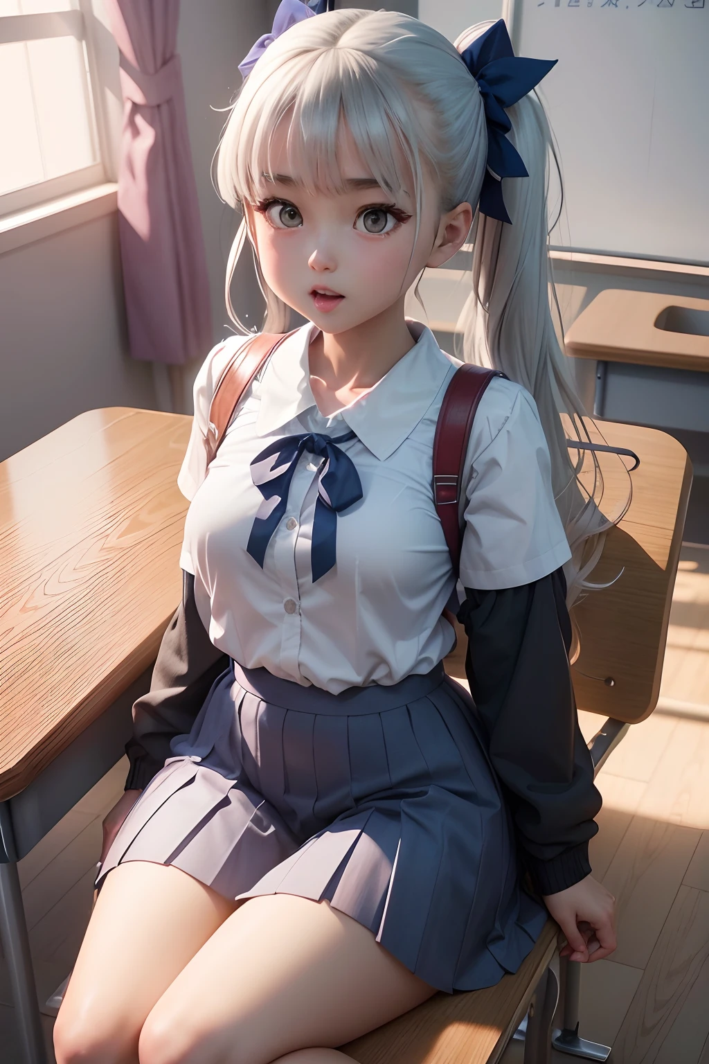 3D　校服　hi-school girl　Girls' clothes are white、The color of the ribbon is blue　　A slight smil、Open your mouth slightly　poneyTail　　‎Classroom　Sit at a desk and raise your upper body　　Man and woman side by side　　Black-hair breasts are small