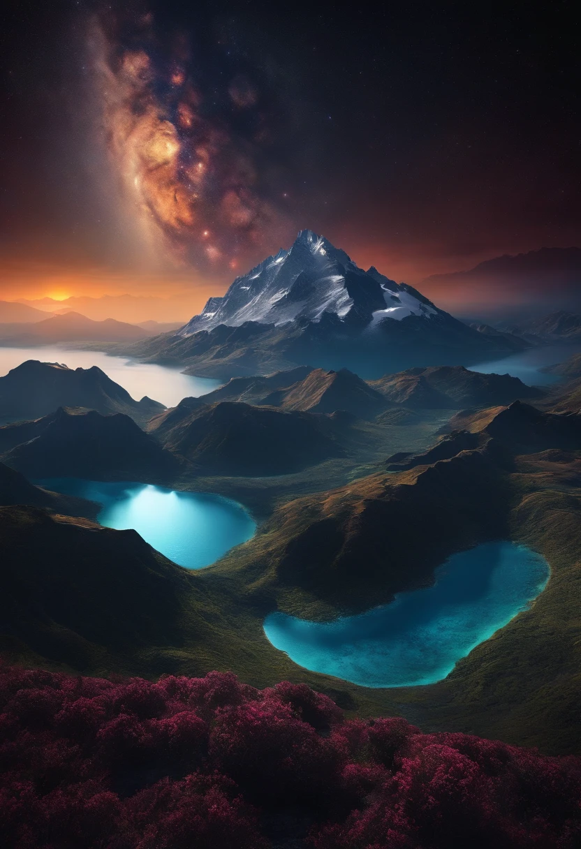 Somewhere in space. A mountain surrounded by the ocean. a planet of mysteries floating above the mountain. dark and colorful. everything is cosmic. 3D.