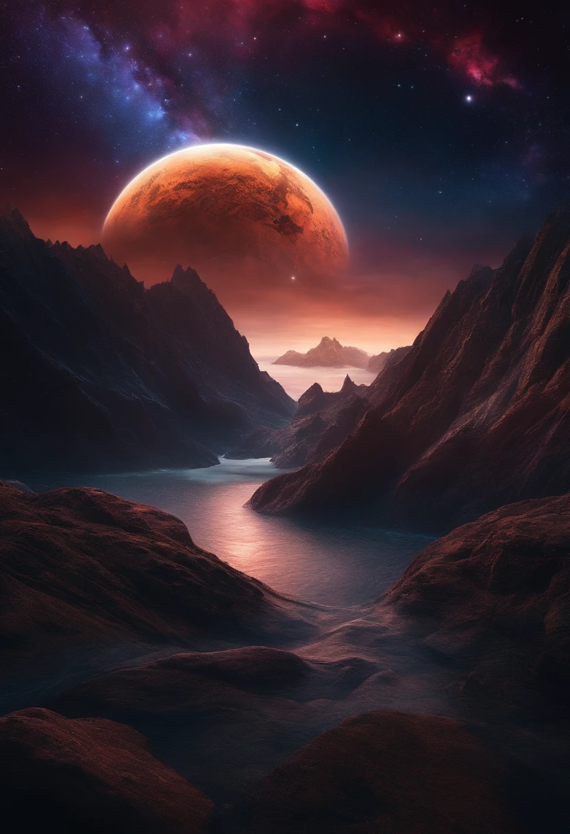 Somewhere in space. A mountain surrounded by the ocean. a planet of mysteries floating above the mountain. dark and colorful. everything is cosmic. 3D.