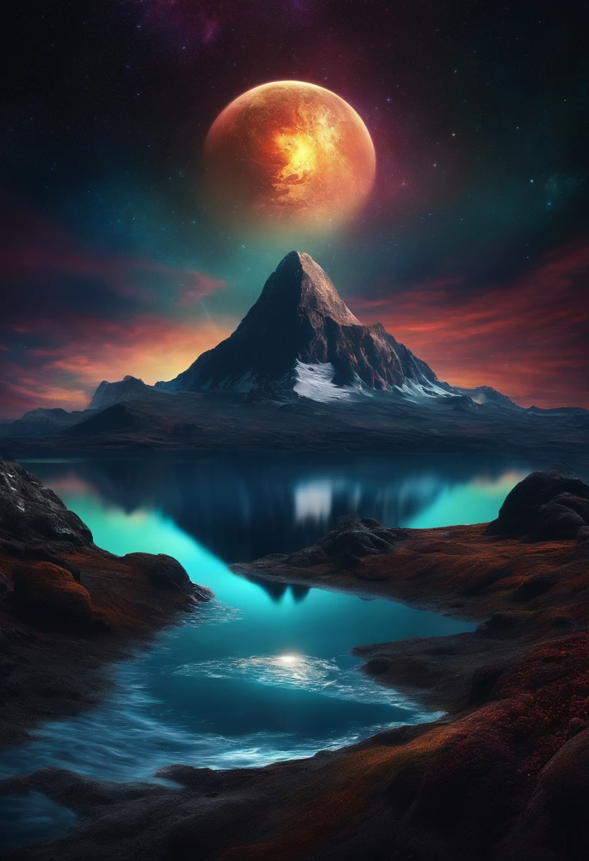 Somewhere in space. A mountain surrounded by the ocean. a planet of mysteries floating above the mountain. dark and colorful. everything is cosmic. 3D.