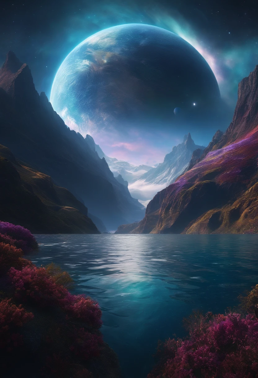 Somewhere in space. A mountain surrounded by the ocean. a planet of mysteries floating above the mountain. dark and colorful. everything is cosmic. 3D.