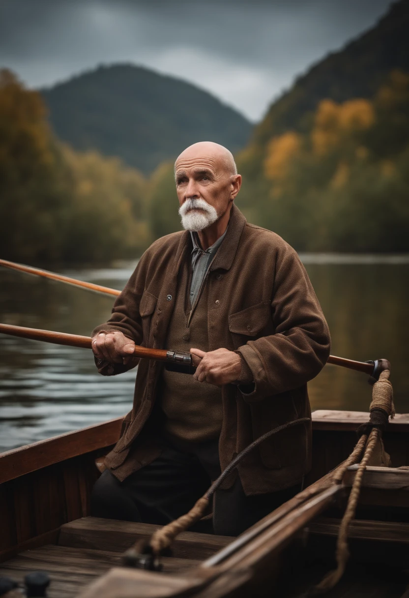 old bald man, skinny, with a mustache, accentuated face features, wearing fisher outfit, holding a fishing rod, fishing on a old wooen boat, realistic photo, rocky river background, dramatic atmosphere
