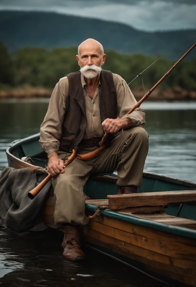 old bald man, skinny, with a mustache, accentuated face features, wearing fisher outfit, holding a fishing rod, fishing on a old wooen boat, realistic photo, rocky river background, dramatic atmosphere