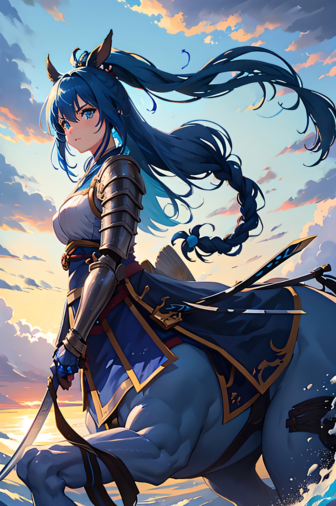 4k,hight resolution,One Woman,centaur,Blue hair,Long ponytail,samurais,Blue samurai armor