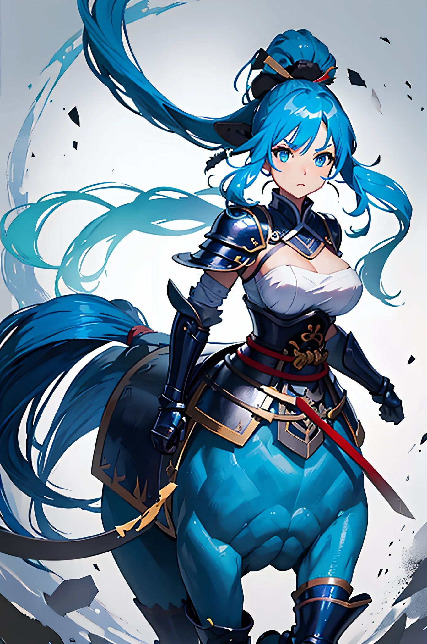 4k,hight resolution,One Woman,centaur,Blue hair,Long ponytail,samurais,Blue samurai armor