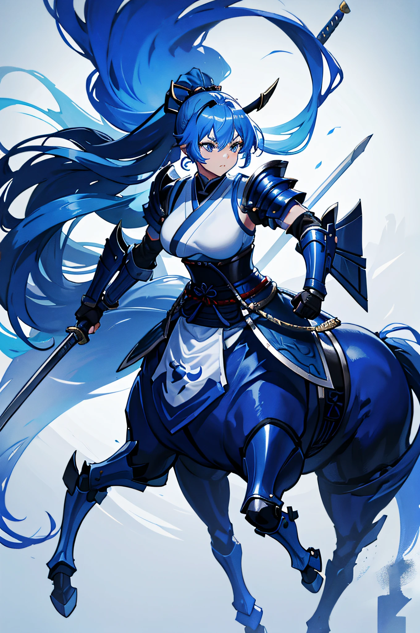 4k,hight resolution,One Woman,centaur,Blue hair,Long ponytail,samurais,Blue samurai armor