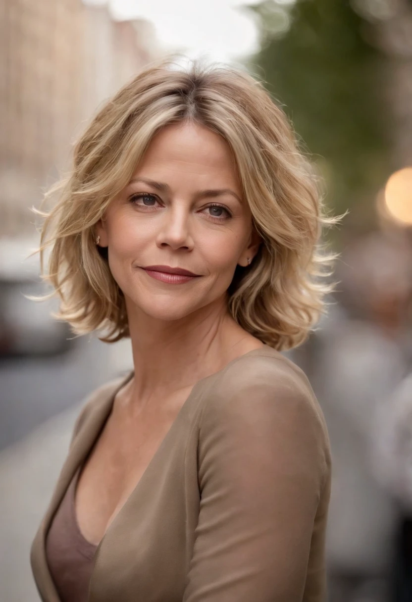 Create a realistic portrait of Meg Ryan, Un enthousiasme contagieux et une vraie joie de vivre, chaud, natural lighting that highlights the characteristics of the subject and brings out the warmth in its expression, Photo du personnage entier se promenant dans les rues de New York, mini jupe et top transparent