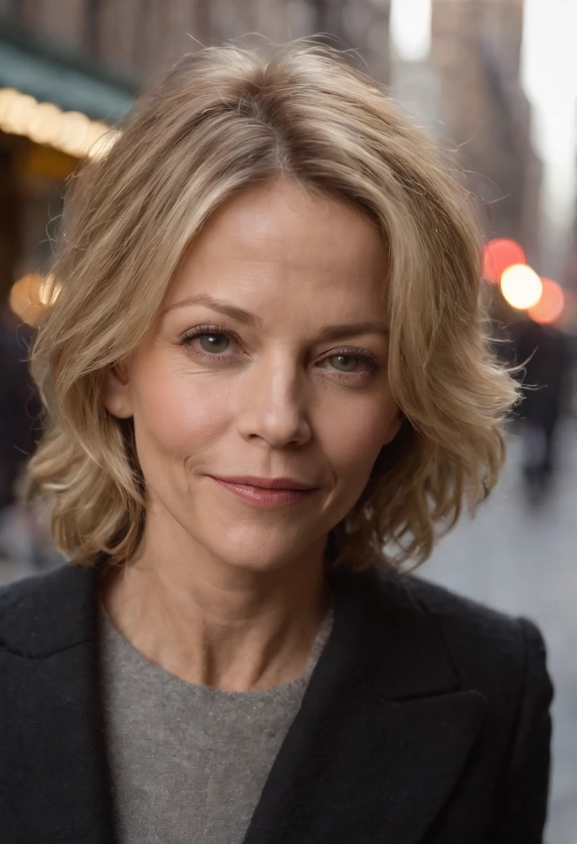 Create a realistic portrait of Meg Ryan, Un enthousiasme contagieux et une vraie joie de vivre, chaud, natural lighting that highlights the characteristics of the subject and brings out the warmth in its expression, Photo du personnage entier se promenant dans les rues de New York, mini jupe et top transparent
