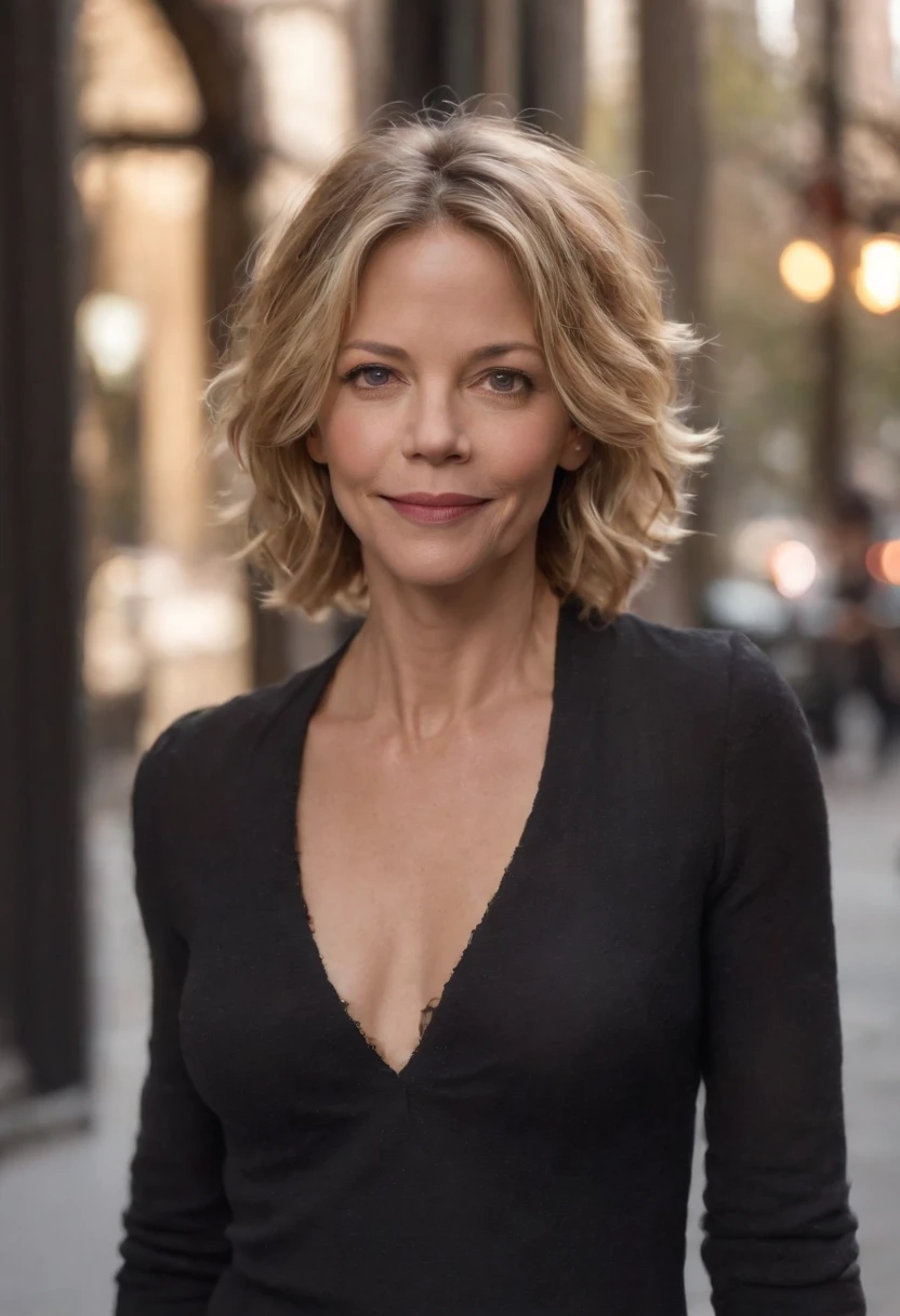 Create a realistic portrait of Meg Ryan, Un enthousiasme contagieux et une vraie joie de vivre, chaud, natural lighting that highlights the characteristics of the subject and brings out the warmth in its expression, Photo du personnage entier se promenant dans les rues de New York, mini jupe et top transparent
