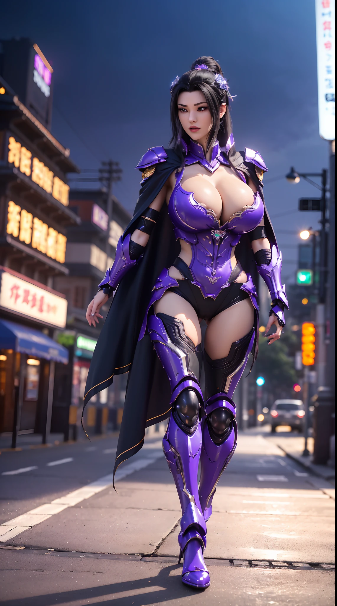 1GIRL, SOLO, (black ponytail hair, ornament hair), (HUGE FAKE BOOBS:1.3), (GUARD ARM, GLOVE), IMMORTAL, (black, purple, FUTURISTIC DRAGON MECHA ARMOR SUIT, ROYAL CAPE, CLEAVAGE, SKINTIGHT YOGA HOTPANTS, HIGH HEELS:1.5), (SEXY BODY, MUSCULAR ABS, SEXY LONG LEGS, FULL BODY:1.3), (FROM FRONT, LOOKING AT VIEWER:1), (WALKING DOWN ON STREET NIGHT CITY:1.3), PHYSICALLY-BASED RENDERING, ULTRA HIGHT DEFINITION, 8K, 1080P.
