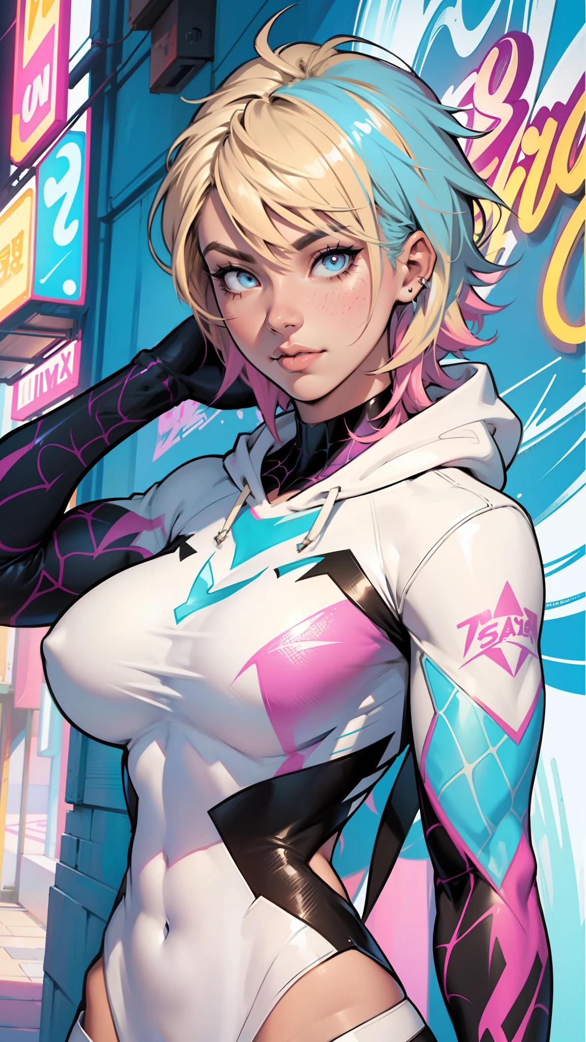 Background, In chic boho style, in a cafe, Ice cream print, multi-colored neon lights, neon garlands, mixed-language_SMS, Japanese graffiti, (beautiful and clear background:1.2),, fantastic paintings ,graffit style, highly detail eyes ,Loving, Love, ultra detail hair, Masterpiece, Best Quality, highly quality, hight resolution, detail enhancement, ((most beautiful image in the world)), Masterpiece, Best Quality, highly quality, hight resolution, detail enhancement, ((most beautiful image ), Shiny blonde short degrade hair, art by stjepan sejic, art by j scott campbell, Artist Guillem March, art by citemer liu, 4k, hight resolution, comic book character, comic, high quality detailed, style of ::2.0 comix illustration style,tatoon style, highly quality, hight resolution, detail enhancement, 8K, HD, Best Quality, highly quality, hight resolution, detail enhancement, 8K, HDR, sharp-focus, Ultra Detailed, perfect lighting, huge breasts, sexy body, Curvy Body, Lush breasts, Curvy hips, Cool, style of spikes, Punk Rock, spider girl, spider Gwen, across the spiderverse, spider girl costume, hoodie,
