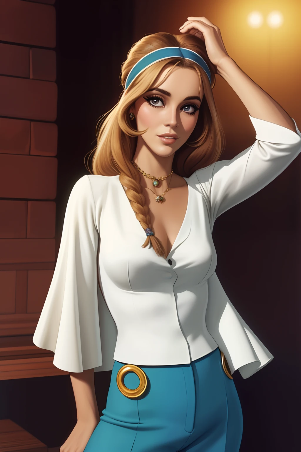 Araffe's wife wearing bell-bottom trousers, cintura alta, estampas coloridas e muito brilho: Holding a wand and wearing a headband, discoteca, Anos 70, fantasia, Traje de alta qualidade, rugindo vinte anos, 1970s vibes , 1 9 7 0 s, Estilo dos anos 1970 uma mulher branca, loura, imagem de ,corpo inteiro, cabelo estiloso caindo para a frente, Jane Fonda Braided Type,com o corpo inteiro lindo seios perfeitos, BEAUTIFUL PERFECT LIPS, beautiful perfect hands beautiful image beautiful beauty mayor,