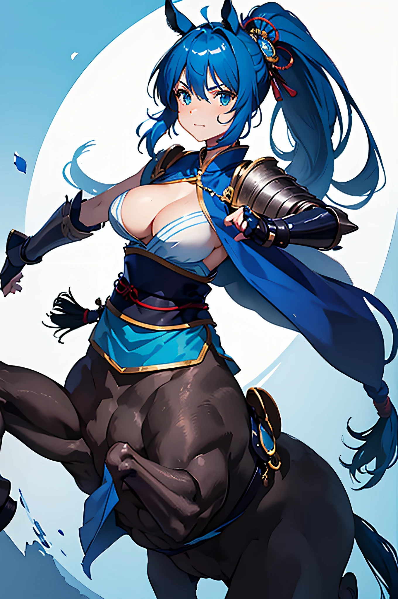 4k,hight resolution,One Woman,centaur,Blue hair,Long ponytail,samurais,Blue samurai armor