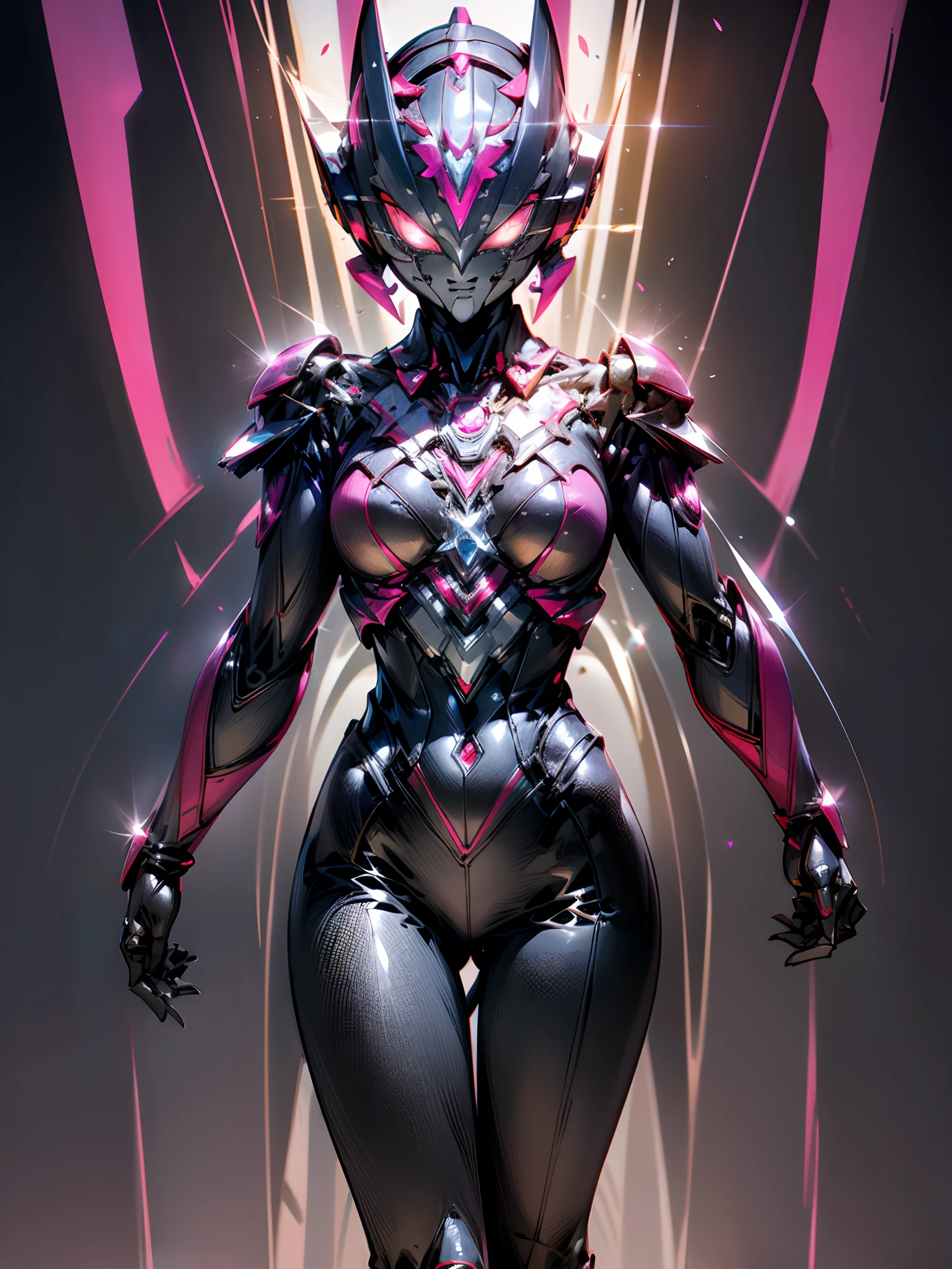 Ultraman Woman, （High quality）（The sheen）Covering her naked face with a black mask, Female Solo, Alien eyes shine。The whole body is covered with a black bodysuit, One female protagonist, Pink lines all over the body, Dark background,