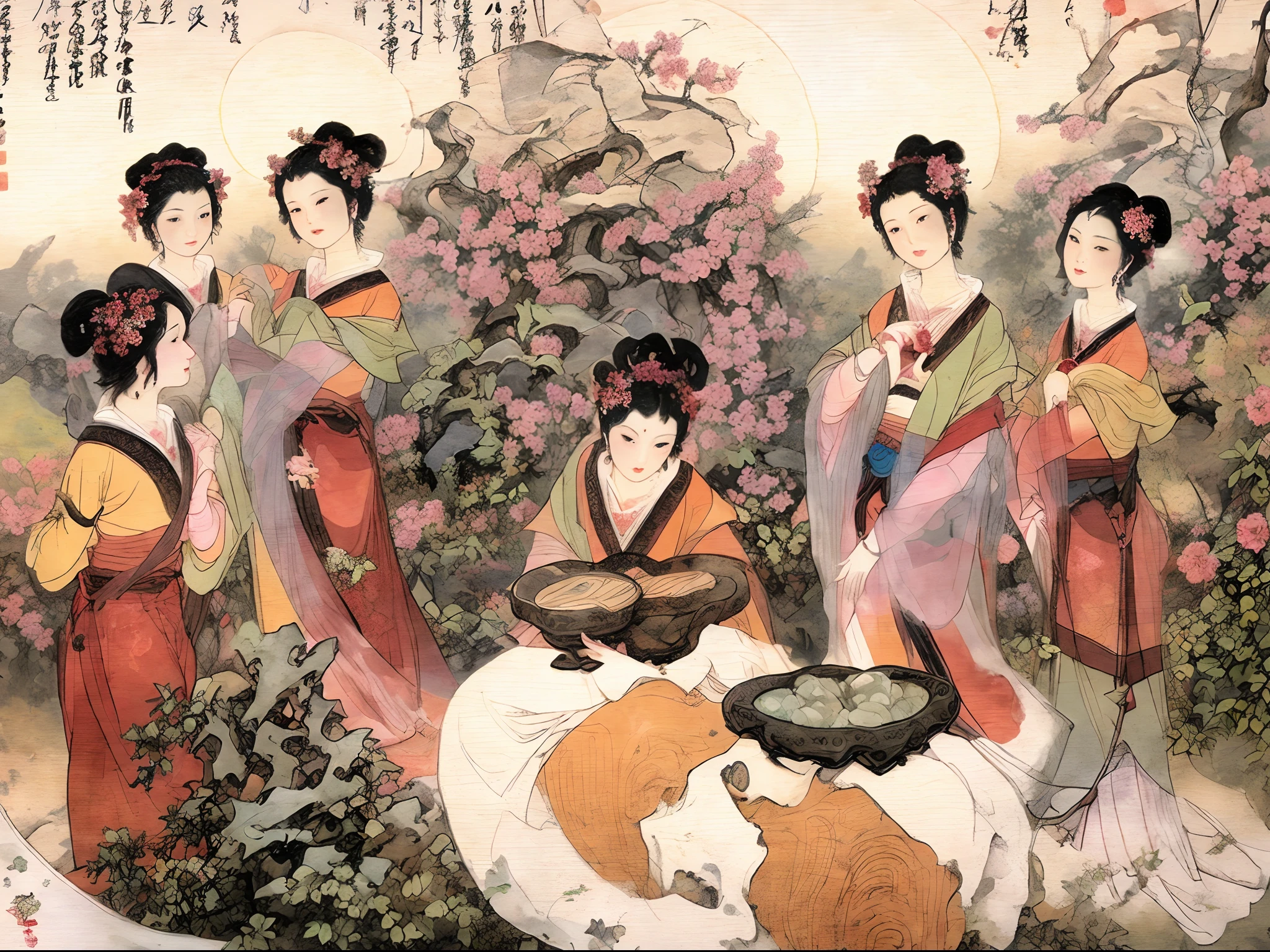 Masterpiece, Best quality,(full bodyesbian:1.3), Solo,chinese paintings,Beautiful face and eyes details of Chinese girl, Perfect skin,make happy expressions,The sisters make wine together,clean color,Low-saturation colors,Colors of low brightness,rich details​,Ancient Chinese Ming dynasty style,Quiet and elegant atmosphere,The red tone is the keynote,Pure,light make-up,Jade jewelry,hair adornments,moon full,Colorful,sharp and clear focus,instagram most viewed, Concept artist, Depth of field,flower,Bush