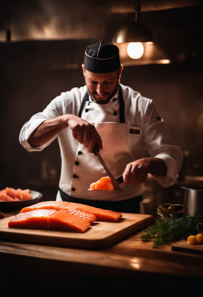 Chef kitchen cutting board cut salmon fillets