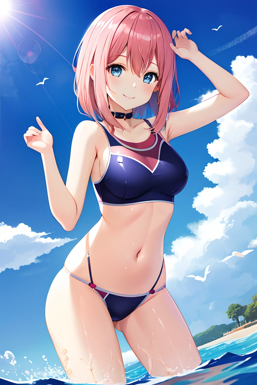 swim wears、hposing Gravure Idol、A pink-haired、1girl in, Blue eyes,Medium Hair Solo, Smile