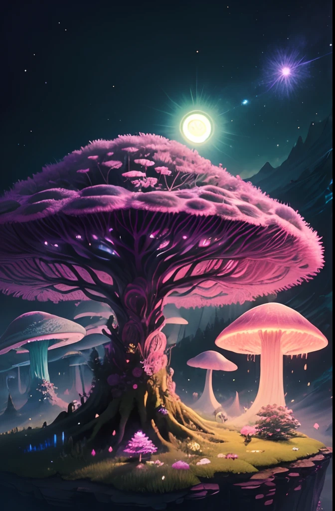 (((masterpiece))) (((best quality))) pink spores, bioluminescent flowers, green sun, powerful beings, drowsy mountain, detailed background, random, mushrooms, vibrant, surreal, ethereal world, (outgoing glow)