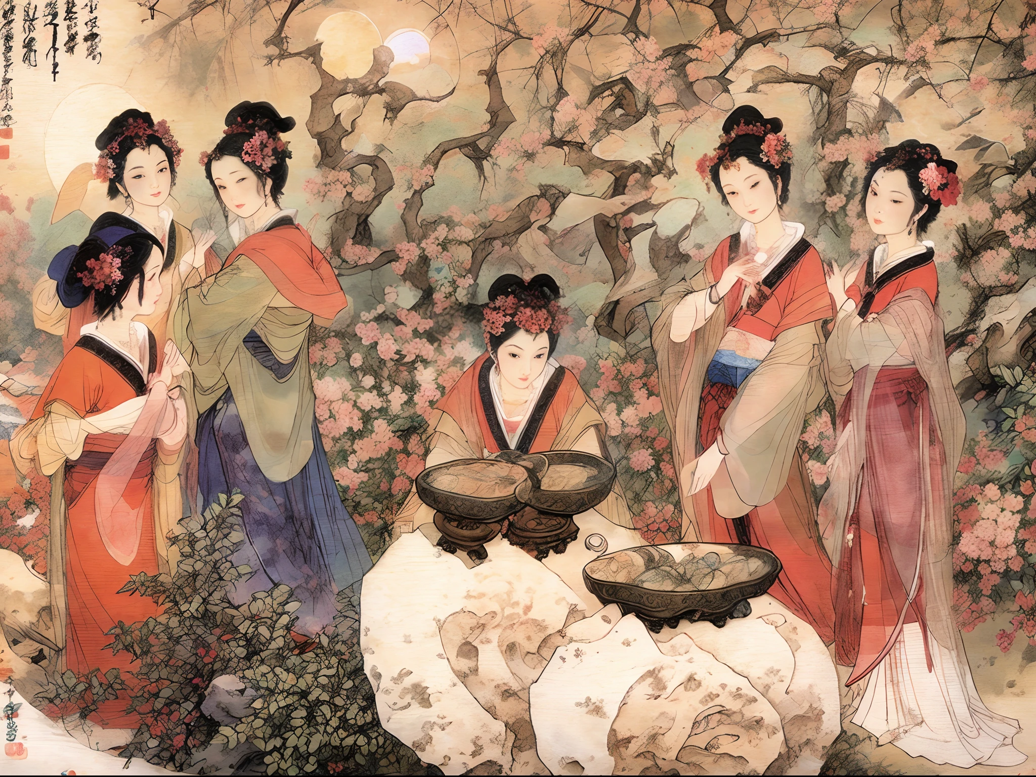 Masterpiece, Best quality,(full bodyesbian:1.3), Solo,chinese paintings,Beautiful face and eyes details of Chinese girl, Perfect skin,make happy expressions,The sisters make wine together,clean color,Low-saturation colors,Colors of low brightness,rich details​,Ancient Chinese Ming dynasty style,Quiet and elegant atmosphere,The red tone is the keynote,Pure,light make-up,Jade jewelry,hair adornments,moon full,Colorful,sharp and clear focus,instagram most viewed, Concept artist, Depth of field,flower,Bush