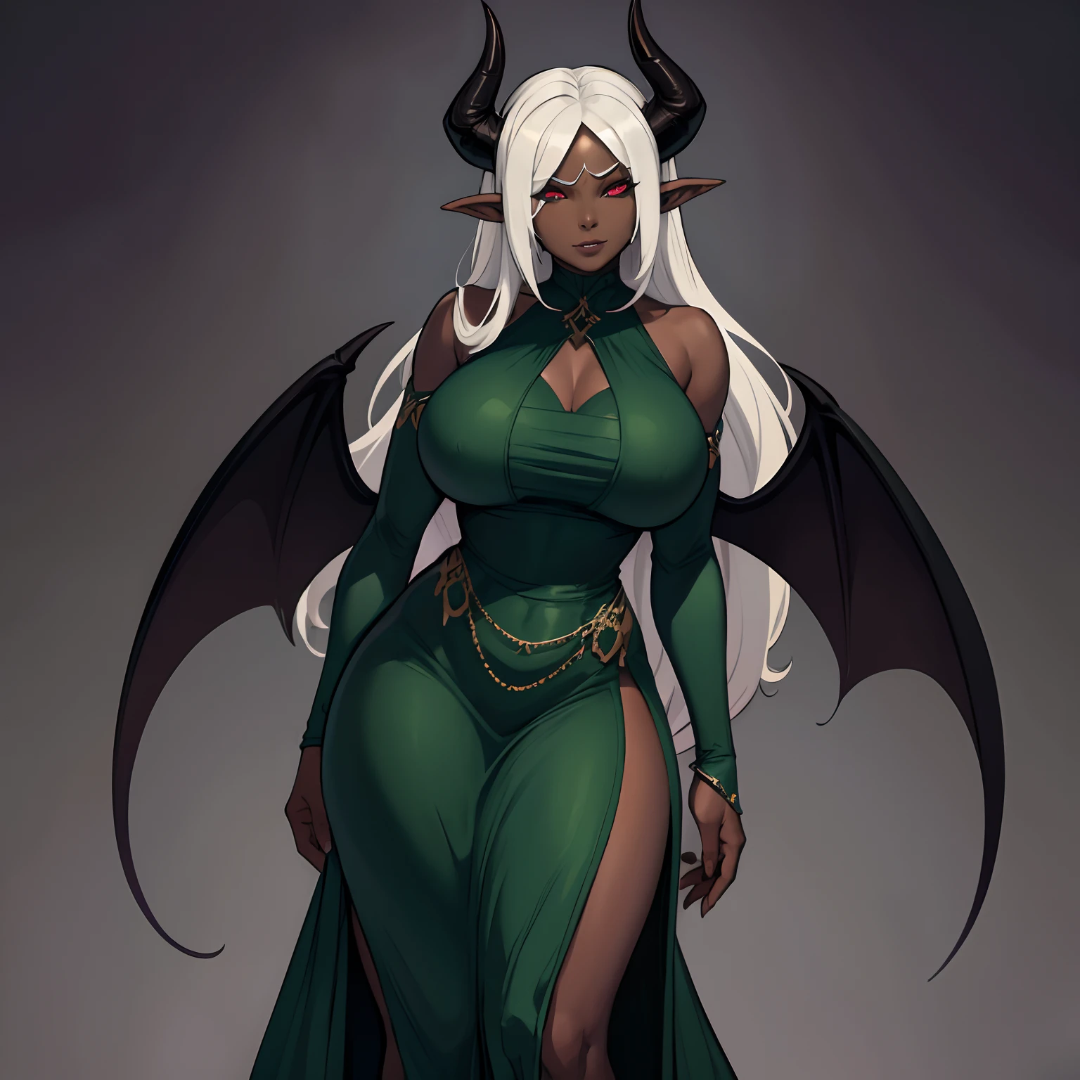 African Woman, black skin. Species: Succubus. Huge black wings on her back. ram horns on her head. Long, slender tail that ends in a spear-tip. Green eyes. Huge breasts. Wide hips, with shoulders of equal width. 5'9" tall. Appears 25 years old. Long, wavy black hair. nude.