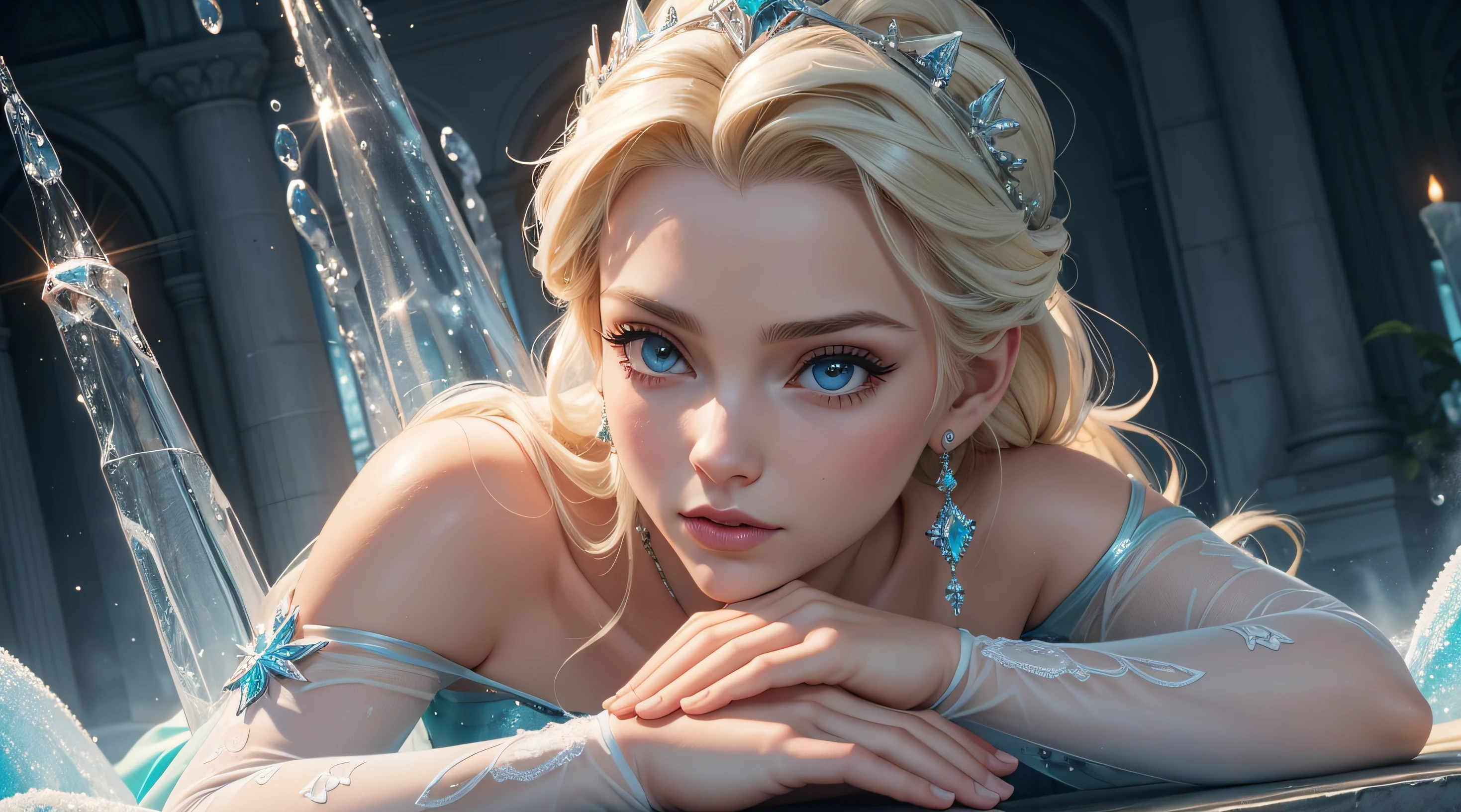 master part, Elsa \(congelado\), (1girl:1.1),(extremamente detalhado:1.2), super HD, 8k, (intrincate details:0.8), hyper realistic, foto profissional, excepcional, corpo inteiro, vista de longe, sentada em um trono real feito de cristais, pernas cruzadas, Bottom view, imponente, rainha, Hands on rest, olhos azuis, elsa, mulher, Hands at rest