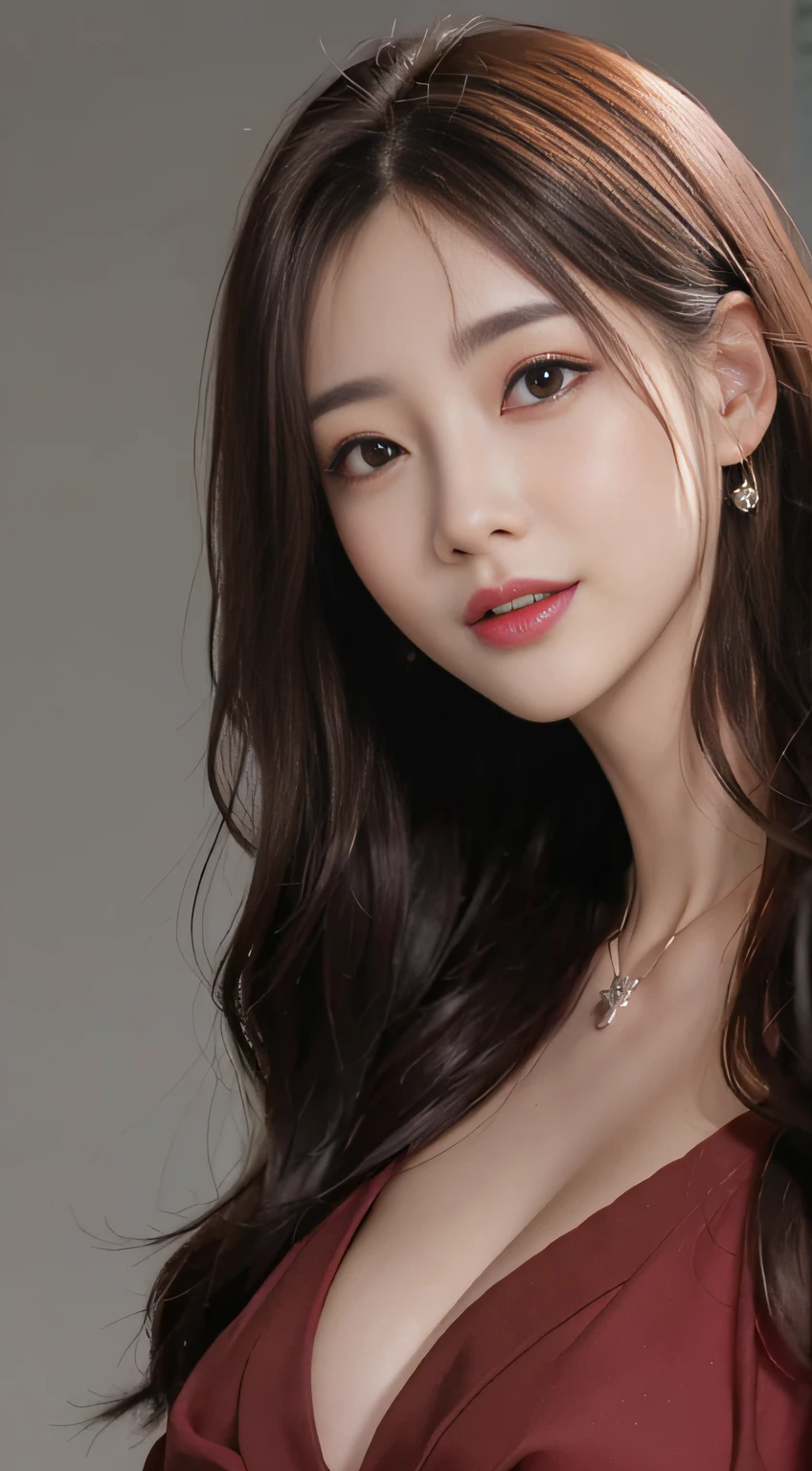 Wearing only one long red shirt、(Deep cleavage:1.1)、small tits、top-quality、masterpiece、illustratio、extremely delicate and beautiful、ighly detailed、CG、unity、8k wallpaper、astonishing、finely detail、Highly detailed CG Unity 8k wallpapers、huge filesize、ighly detailed、hight resolution、Handsome detail woman、extremely detailed eye and face、Great detailed eyes、Facial light、 (Best Illustration:1.1)、(Best Shadow:1.1)、超A high resolution、(photoRealstic:1.1)、(photoRealstic:1.2:1.1)、Realistic facial proportions、A slender、a smile、(makeups:0.4)、(fluffy black eyes:1.21)、black eyes、see the beholder、dark brown hair、耳环、a necklace、hair pin、cowboy shot、(Irregular irregular skin defects、vein、Wrinkled pores on the skin:1.2)、(Dark night background:1.2)、(bokeh dof:1.4)、Laughing、