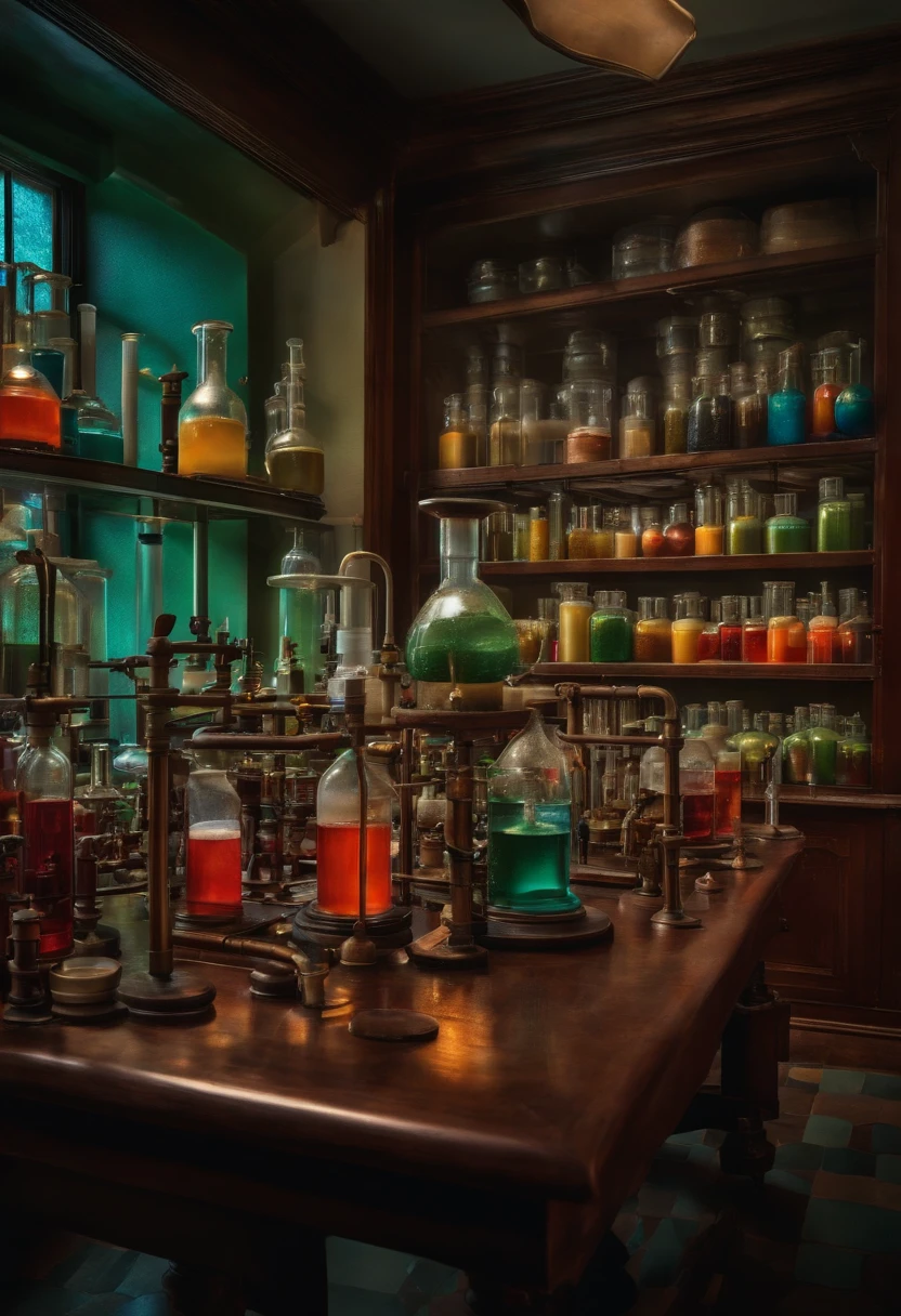 sexy red hair young scientist woman in a laboratory with electric devices and chemical test tubes in steampunk style,