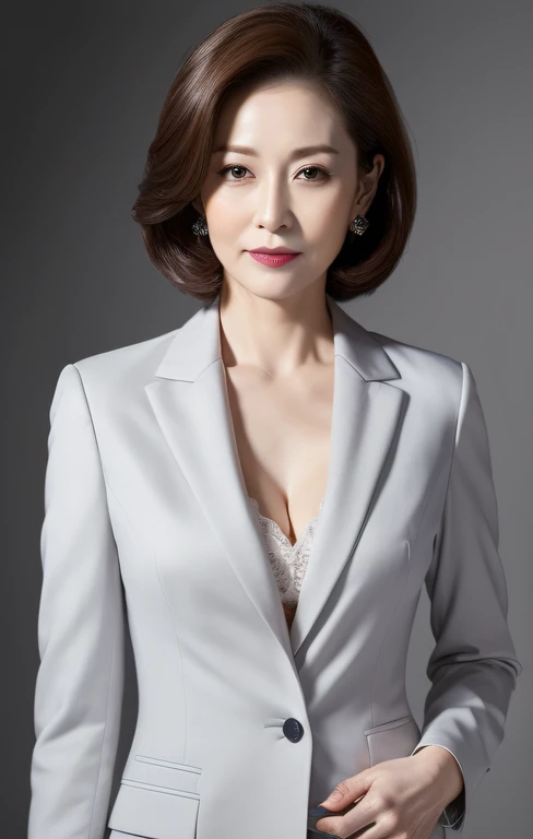masterpiece,best quality, (one milf), ((portrait:1.5)), makeup, elegant grey suit, white shirt, touch own chest, ((seduction expression)),