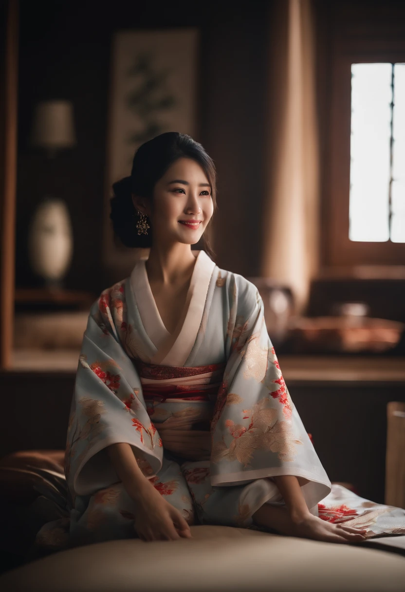 One girl, (japanese kimono),Highest Quality, in 8K
,masutepiece:1.3,Low exposure, Full body shot, Black hair, Ultra-detailed face, Detailed eyes, Big Bust, Double eyelids, Best Smile,b3rli,Asian Girl,livingroom