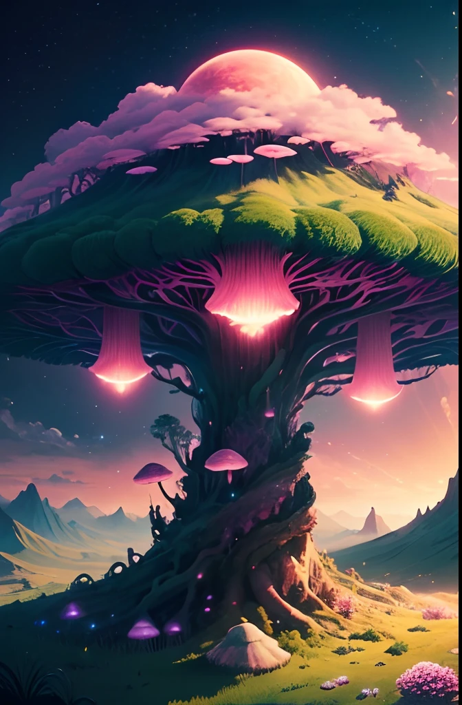 (((masterpiece))) (((best quality))) pink spores, bioluminescent flowers, green sun, powerful beings, drowsy mountain, detailed background, random, mushrooms, vibrant, surreal, ethereal world, (outgoing glow)