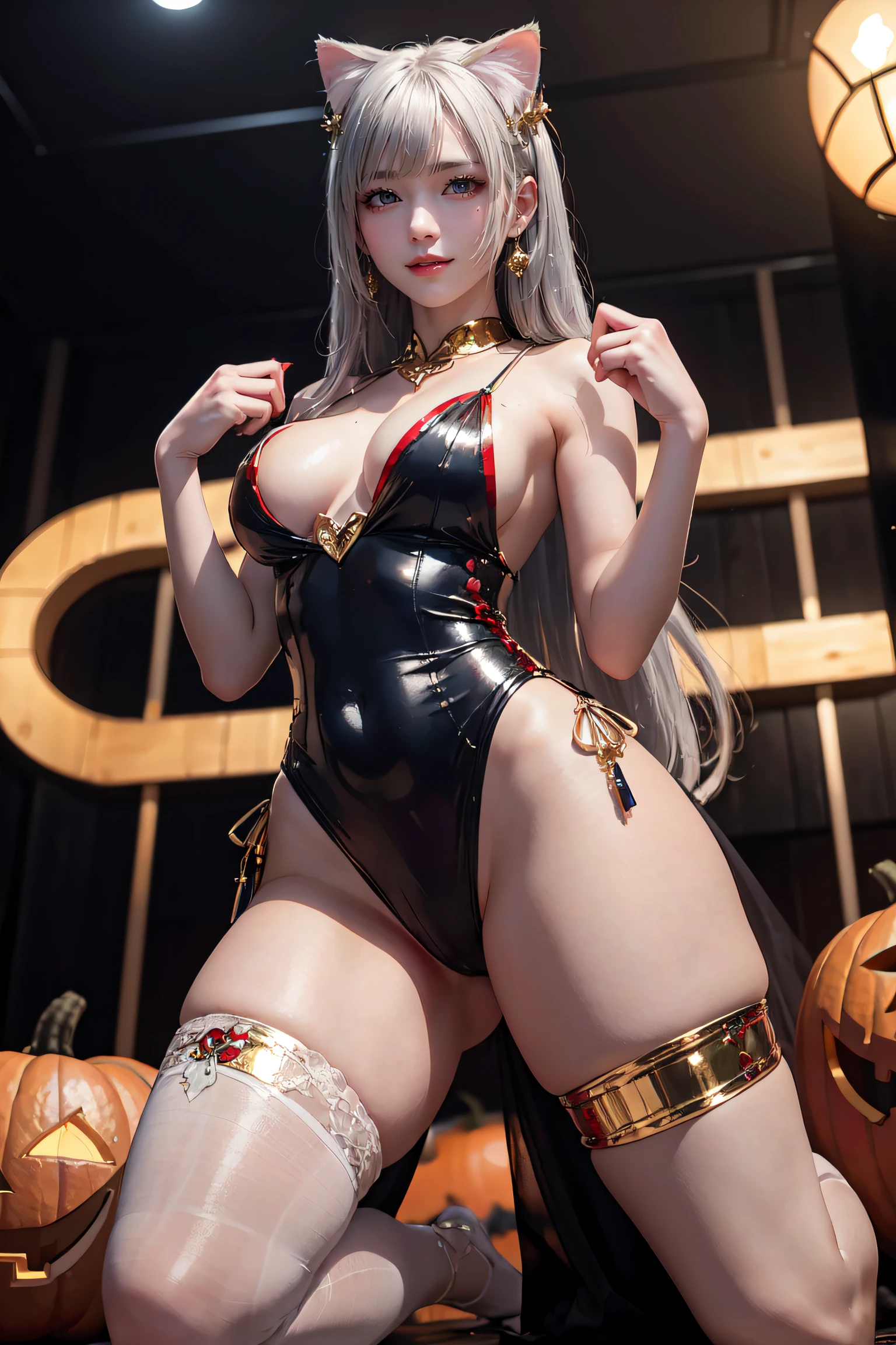 masterpiece, top-quality, top-quality, Beautifully Aesthetic:1.2, 1girl, Halloween night, ((Wearing a Blue with Silver and Gold classy cat costume)), high detailed, ((Red eyes:1.8)), (all fours with cat pose:1.1), large breasts, firm breast, nicely shaped breasts, slender figure, 
((Gray hair, Red colored inner hair)), wavy hair, (medium long hair:1.2), (asymmetrical bangs:1.2),
in the Halloween party venue at late night, (Full body shot:1.1), (From below:1.1),
