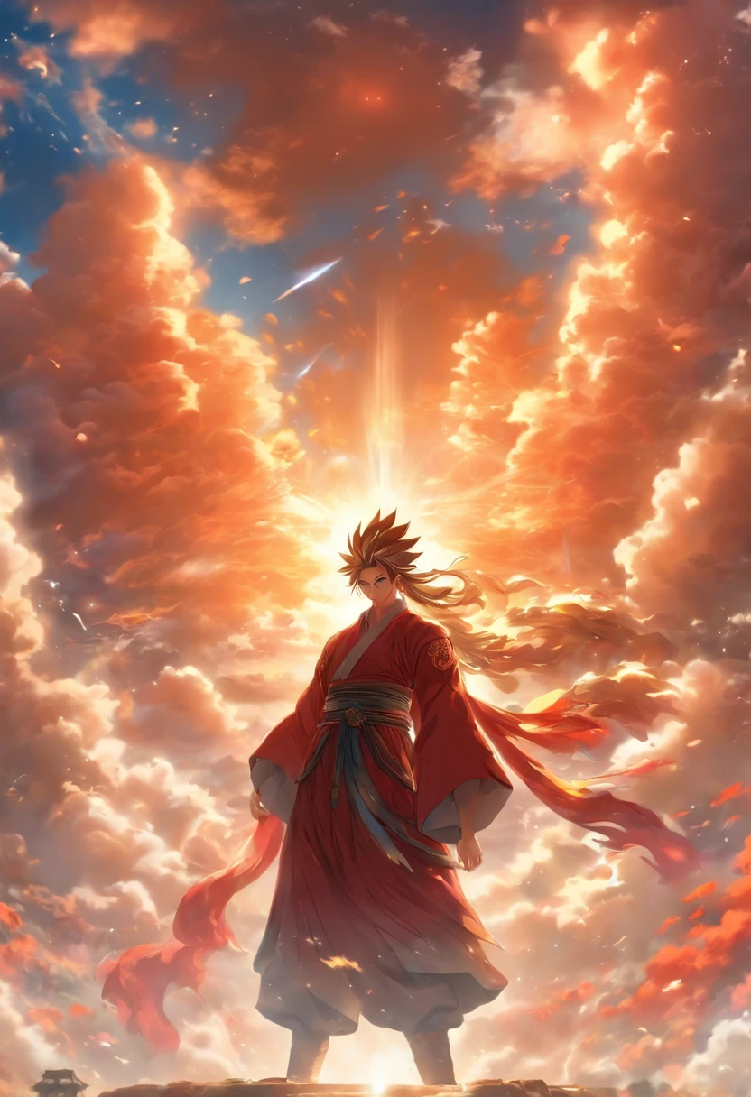 ((Masterpiece)) ， (Best quality)) ， Chinese style ， In the sky, Giant man holding up the heavens ， Thick clouds ， The sun shines ， Pilgrims on the road ， Hyper-realistic ， Ultra photo realsisim, real photographs, 8k, high definition, high quality, master works, super fine, （(（OC renderer）））