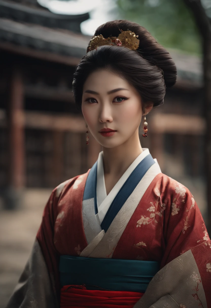 girl, traditional japanese, standing up, looking to the camera, photo realistic render, samourai era, traditionnal japanese construction background, wearing traditional women samourai clothes, ethno