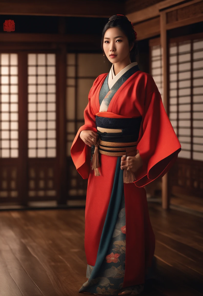girl, traditional japanese, standing up, looking to the camera, photo realistic render, samourai era, traditionnal japanese construction background, wearing traditional women samourai clothes, ethno