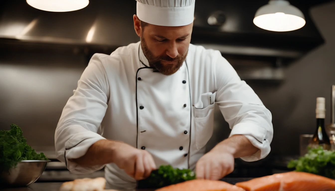 Chef in large kitchen,Prepare to cut a salmon straight