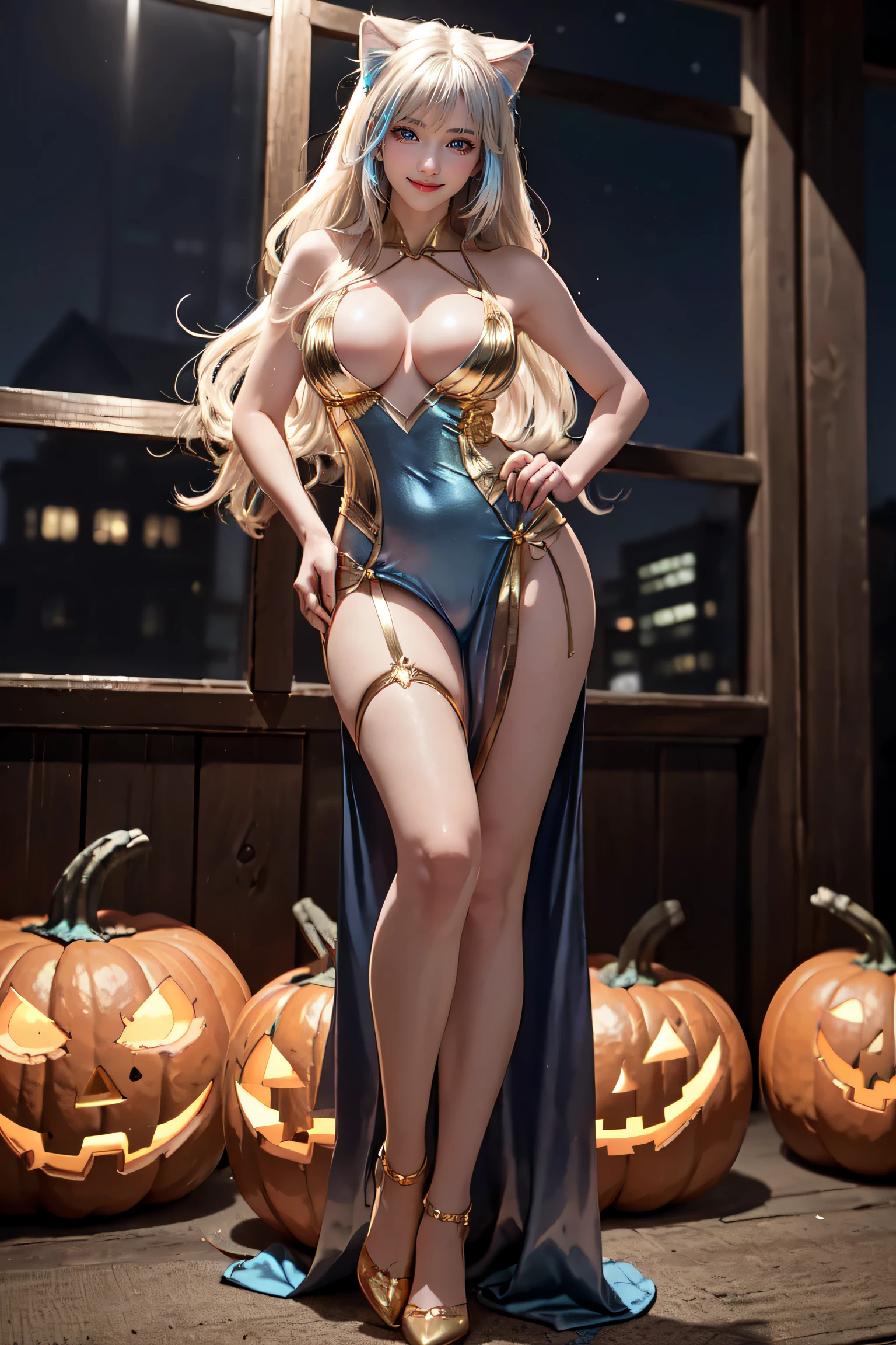 masterpiece, top-quality, top-quality, Beautifully Aesthetic:1.2, 1girl, Halloween night, ((Wearing a Violet and Silver with Gold classy cat costume)), high detailed, ((Blue eyes:1.8)), (all fours with Sexy gravure pose:1.1, large breasts, firm breast, nicely shaped breasts, slender figure,
((Gold hair)), wavy hair, (long hair:1.2), (side-swept bangs:1.2),
in the Halloween party venue at late night, (Full body shot:1.2), (From below),