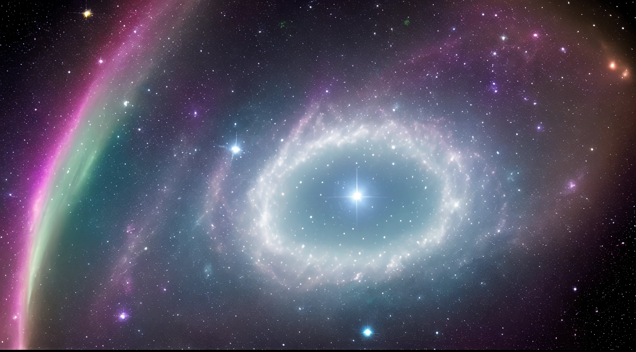 In the vast reaches of the cosmic tapestry, a celestial panorama unfolds—a spaceborne masterpiece designed to captivate the imagination and inspire awe. Imagine a breathtaking scene that stretches across the vastness of your screen, an extraterrestrial landscape that defies earthly norms.
At the heart of this cosmic tableau, a distant nebula bathes the space in hues of ethereal pinks and purples, its radiant glow casting a celestial glow that permeates the void. Wisps of interstellar gas and dust weave through the cosmos, creating intricate patterns that dance with the light of distant stars.
Against this cosmic canvas, a cluster of planets orbits in harmonious synchrony. Each celestial body possesses its own unique identity—a gas giant with swirling storms, a rocky world adorned with mountain ranges, and an icy moon with crystalline landscapes. Their gravitational ballet forms an exquisite dance, an eternal celestial waltz in the vastness of space.
As your gaze extends beyond the planetary dance, a distant star shines with unparalleled brilliance. Its golden rays illuminate the surrounding cosmic clouds, creating a mesmerizing interplay of light and shadow. Solar flares cascade from the star's surface, casting ephemeral rainbows across the cosmic expanse.
Nearby, a colossal asteroid belt forms a celestial highway—a serpentine trail of rocky bodies that weaves through the void. The asteroids bear the scars of cosmic collisions, their surfaces marked by craters and valleys, telling the story of the dynamic and ever-changing nature of the cosmos.
Deeper into the scene, a fleet of spacecraft embarks on an interstellar journey. Sleek vessels with streamlined silhouettes soar through the cosmic abyss, leaving streaks of propulsion in their wake. Their destinations remain a mystery, echoing the endless possibilities of exploration and discovery in the vastness of space.
In the foreground, a celestial phenomenon unfolds—an ethereal aurora that paints the cosmic canva