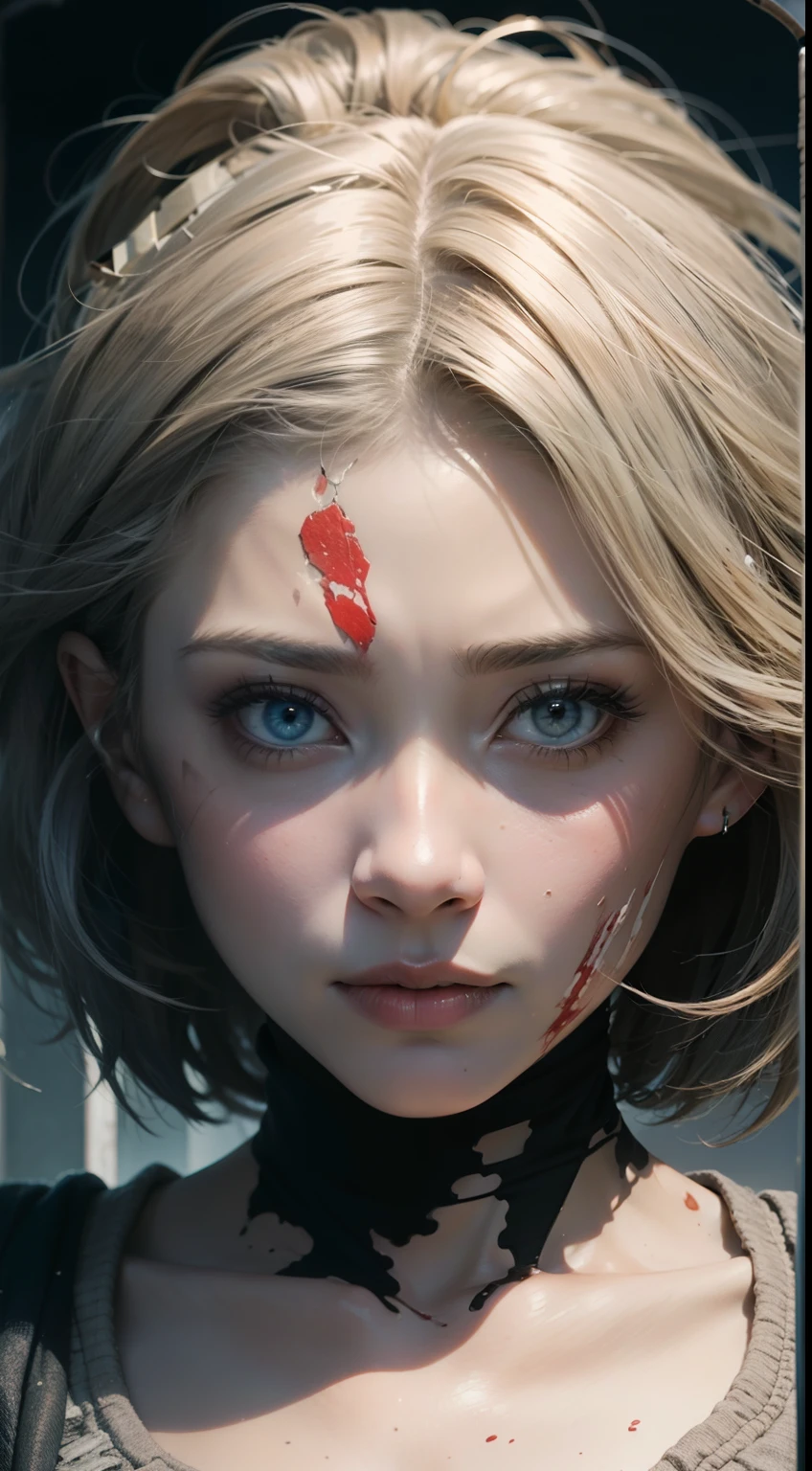 Uma mulher, loira, no quarto secreto, fuga, fundo sinistro, fundo desossado, imagem aterrorizante, luz aterrorizante, The girl's face is bloodless, There's wound bandages on your arms, blood on the ground,