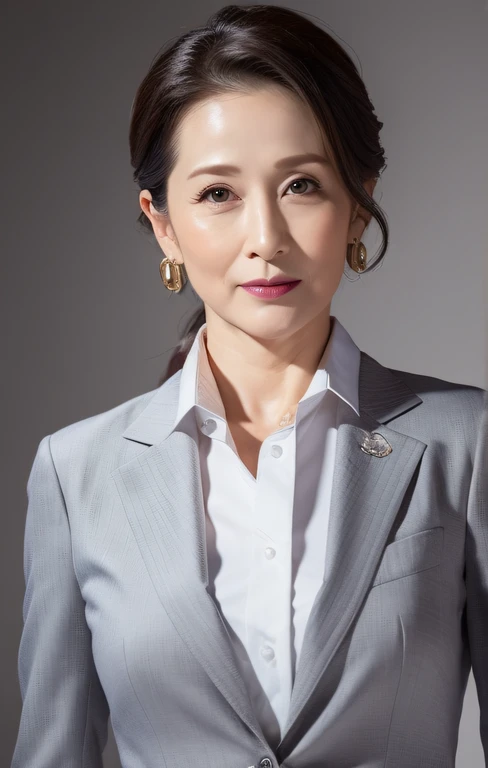 masterpiece,best quality, (one milf), ((portrait:1.5)), makeup, elegant grey suit, white shirt, touch own chest, ((seduction expression)),