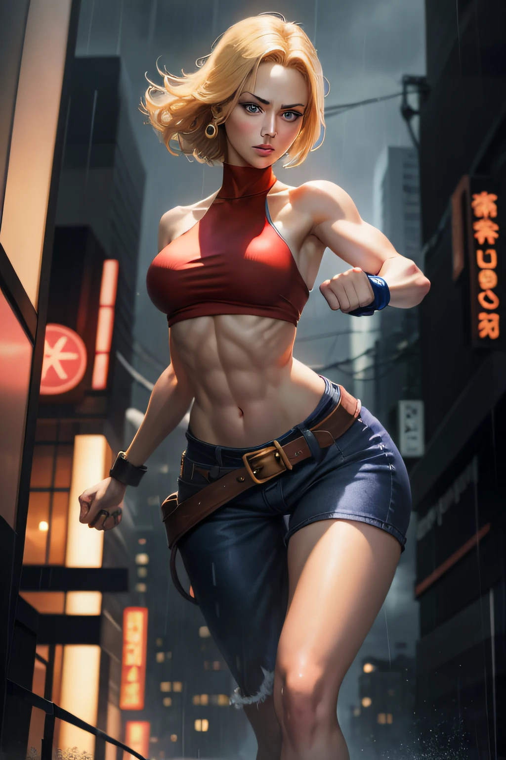 maryms, best quality, (beauty), masterpiece, 1 girl, render based on physics, ultra highres, narrow waist, thin, big eyes, long legs, (small breasts), swollen eyes, night, (rainy city), bright skin, facing the viewer, fighting posture, (close the fist), firm expression,