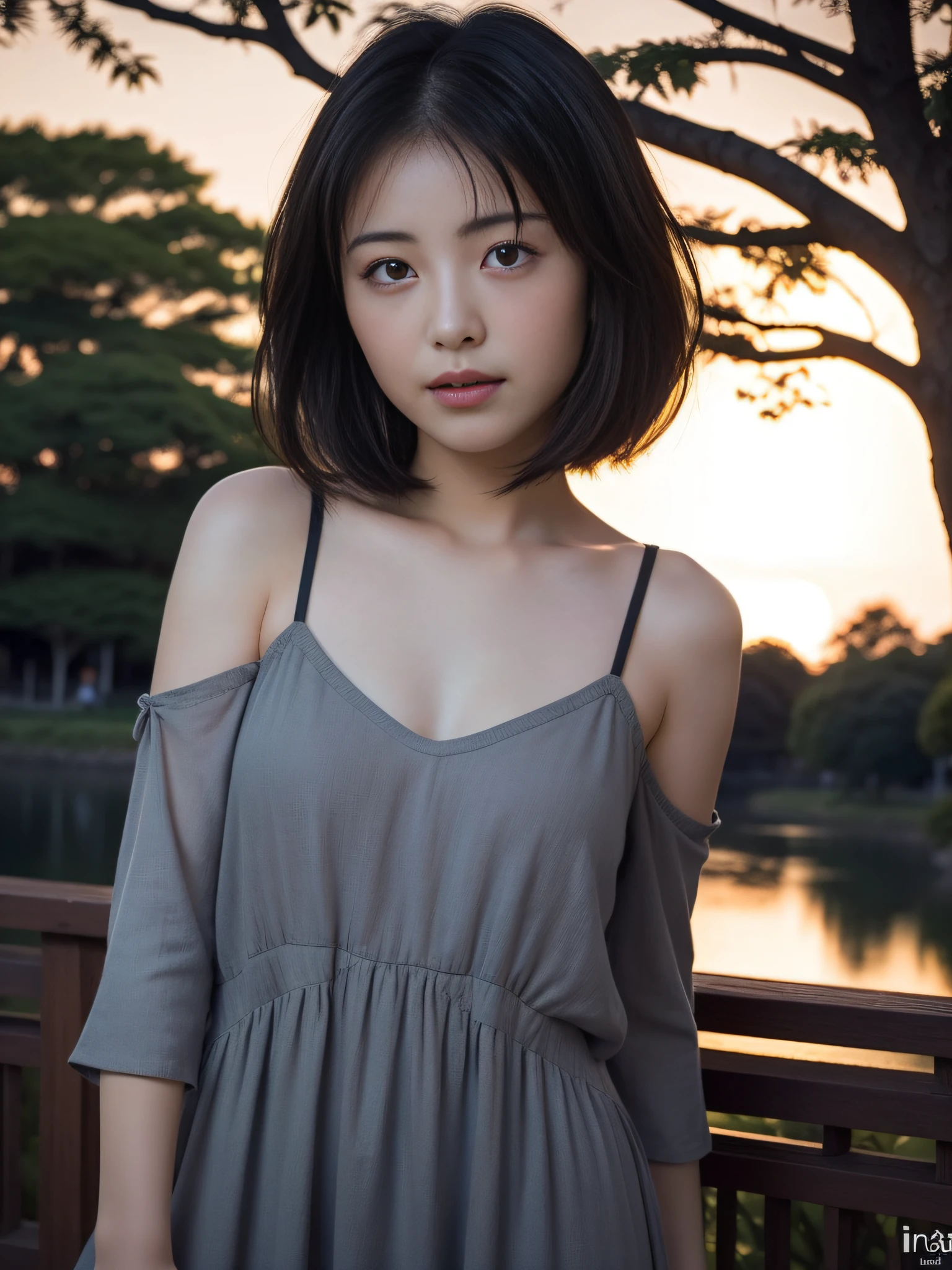 1young girls, Extremely beautiful, (Extremely cute), (extremely detailed beautiful face), Amazing face and eyes, rather dense hair、bob cuts、slightly brighter eyes、no-makeup、(Mini dress with camisole)、(Best Quality:1.4), (Ultra-detailed), extremely detailed CG unified 8k wallpaper, A hyper-realistic, (Photorealsitic:1.4)、Raw photography, professional photograpy, Cinematic lighting, Realistic portrait, ((Bokeh)), (depth of fields:1.4), (View photographer:1.3)、18year old、(Inokashira Park),(Inokashira Pond:1.2)、(full body Esbian:1.3)、Accurate eyes、Beautiful mouth、(Keep your mouth completely closed)、(early evening:1.3)、(look at a camera)、the setting sun,Sunset、brilliant sunset、(Dark sunset:1.7)、(Melancholy look:1.5)、(no sleeves:1.3)、