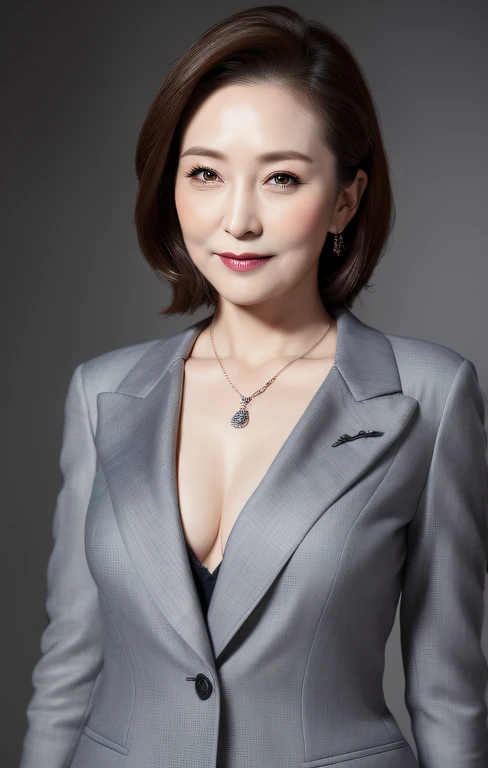 masterpiece,best quality, (one milf), ((portrait:1.5)), makeup, elegant grey suit, touch own chest, ((seduction expression)),