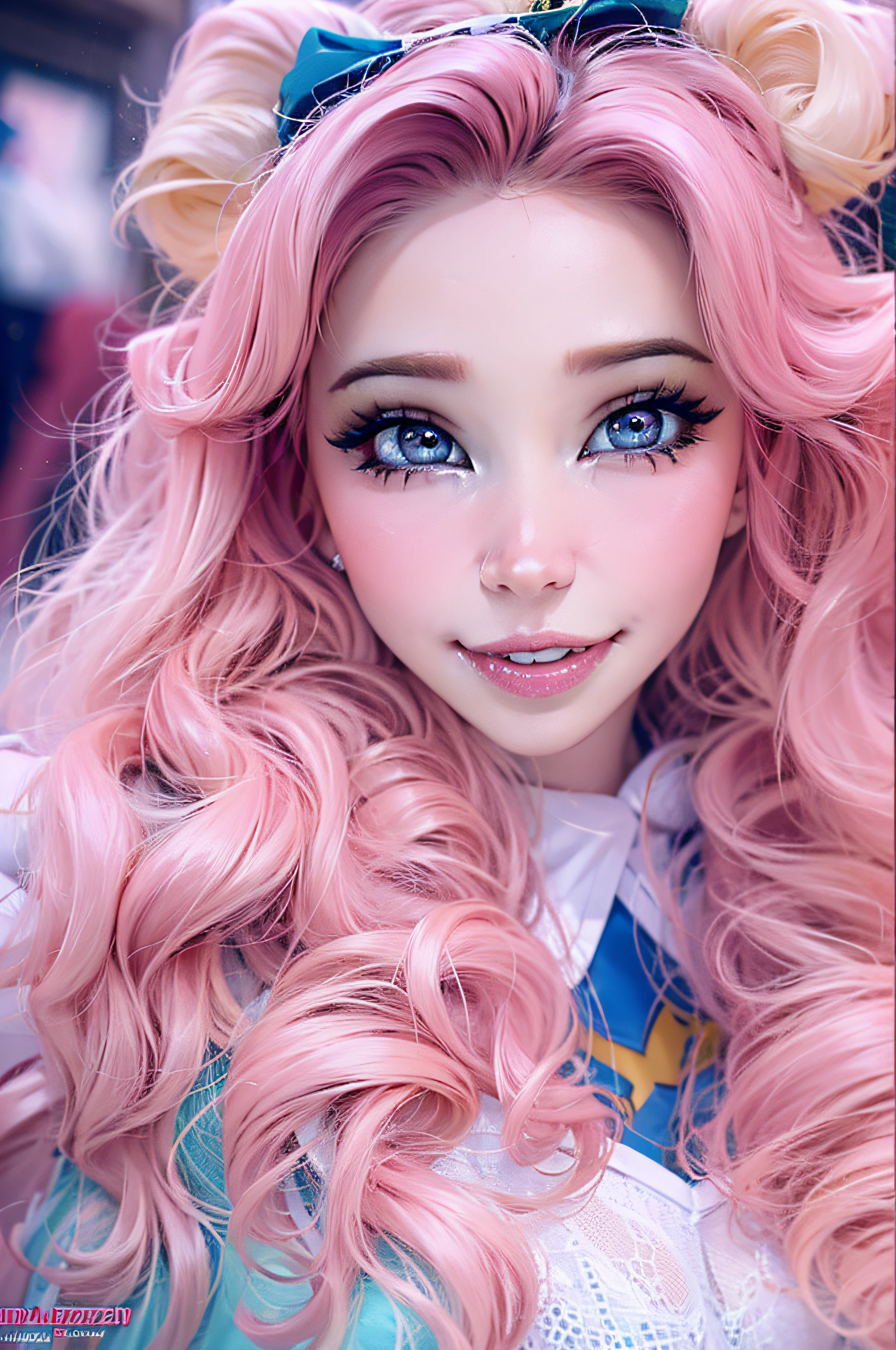 belle delphine vestida con un disfraz de super girl piel blanca, ojos azules, cabello largo y rosa, hermosa sonrisa, ojos grandes, con una fiesta de disfraces de fondo