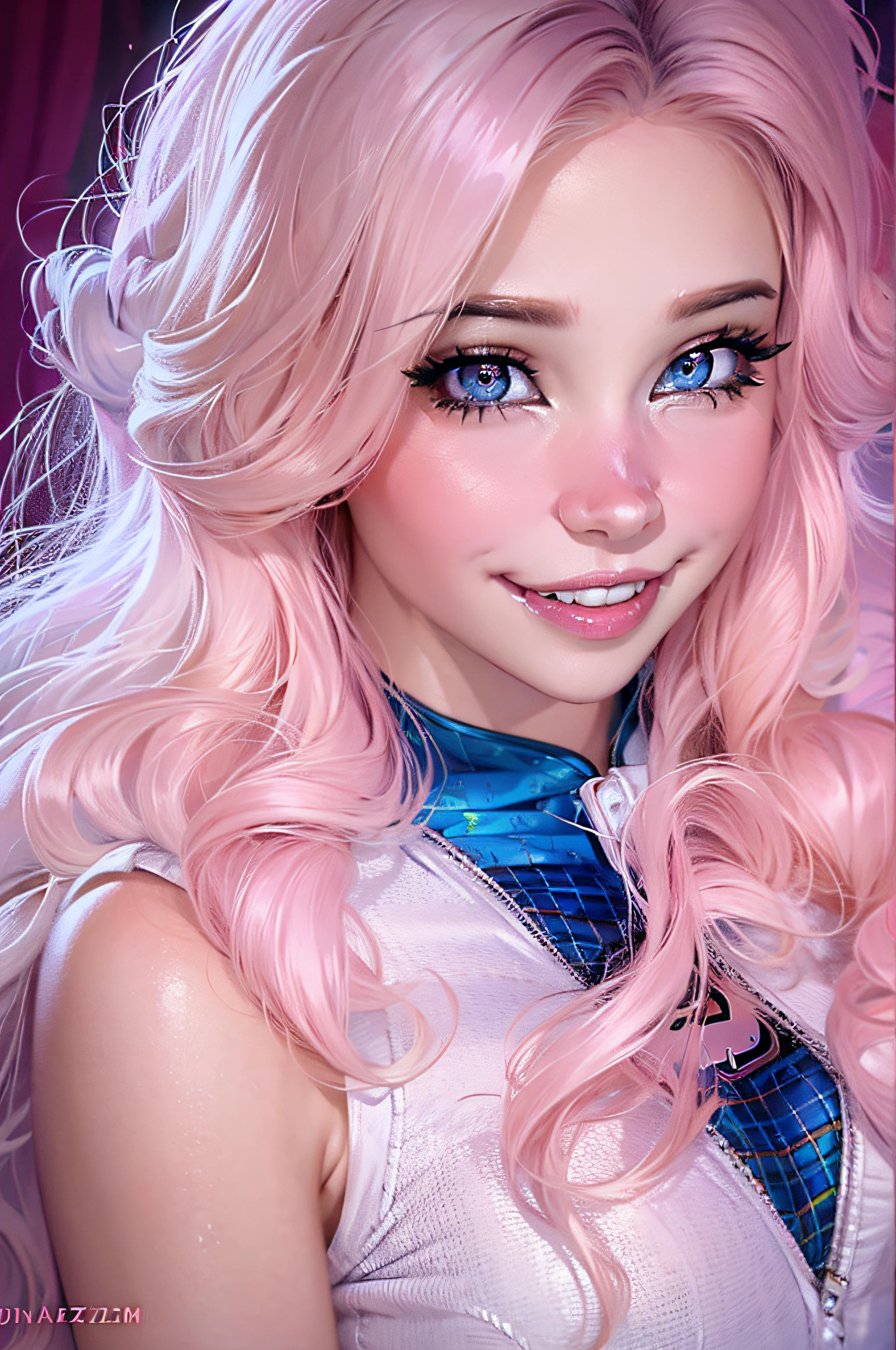 belle delphine vestida con un disfraz de super girl piel blanca, ojos azules, cabello largo y rosa, hermosa sonrisa, ojos grandes, con una fiesta de disfraces de fondo