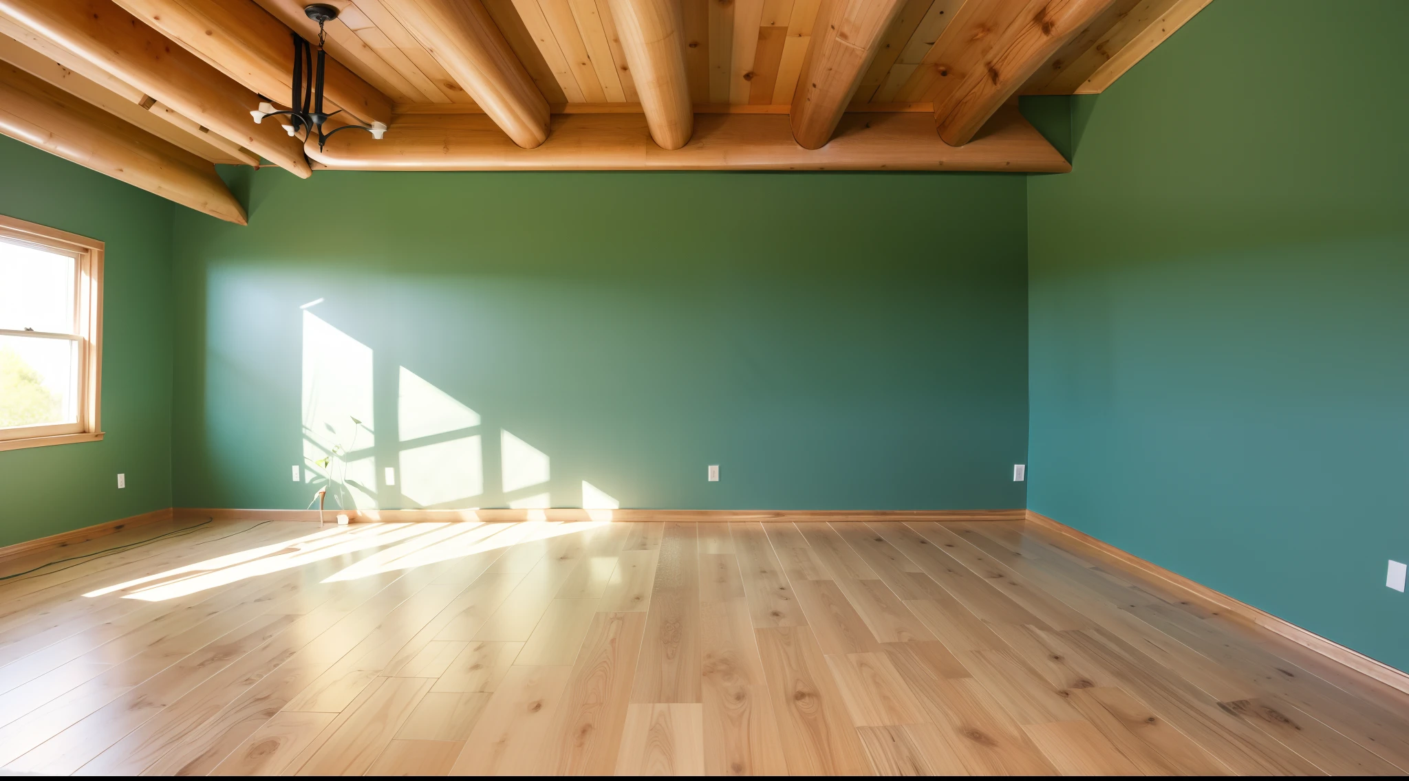 Create a room without furniture, the floor must be wooden, the walls green, with some paintings, it must be of maximum quality