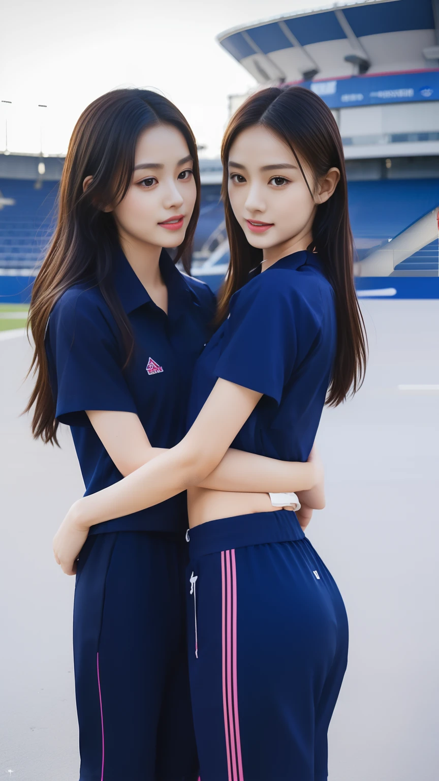 (bestquality,10,10,highres,masterpiece:1.2),ultra-detail,(Realistic,photorealistic portrait,photo-realistic:1.37),1 Cute girl in the football field,oily shiny skin,bara,light smile,BDclothes,((blue shirt:1.3)),short sleeves,Shirt, trousers.,(navy_long_Pants Track:1.1), ((Stadium Background:1.3)),dynamic angle,excited,face focus,Dynamic Poses,from behide,Ass Focus,masterpiece, bestquality, ultra realistic, hyper-detail, 8k resolution, RAW photo, crisp focus, ((Navy blue shirt:1.1)), short sleeves, Long Path, Perfect body, 2 mature women, 18yo, cinematic light,Blue sweatpants,Gymware,Correct anatomy,Complete body, Correct body, sharp face, Anatomically correct body, full entire body, Realistic gestures, long-haired, Realistic poses,Wear long shorts..,Long leg span,Shapely,Sculpting Girl,  2 girls kissing each other, Realistic kissing, Slim figure, mannequin mannequins, Shapely, Beautiful body