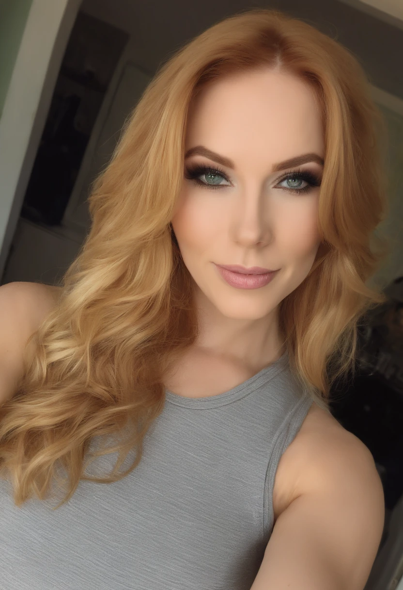 Woman with matching tank top and panties, Sexy girl with green eyes, portrait Mia Sollis, portrait Mia Sollis, blonde hair and large eyes, Selfie einer jungen Frau, Augen im club Violet Myers, ohne Make-up, Natural makeup, Blick direkt in die Kamera, Gesicht mit Artgram, dezentes Make-up, Stunning full body shot, im Schlafzimmer, Spaltung